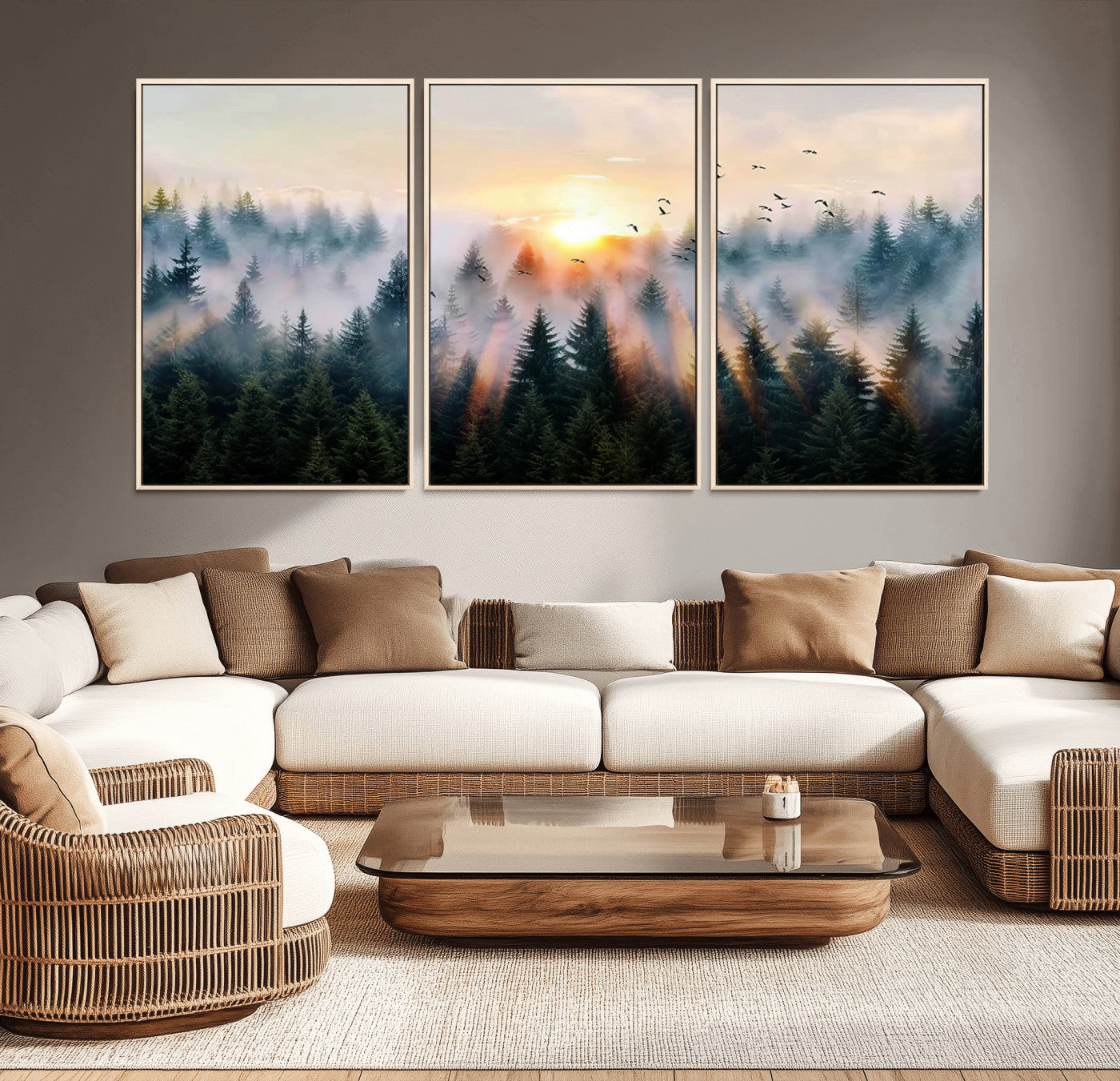 56391411-MGV-CV-36X24-Misty Forest Wall Art Canvas Print, Framed Sunrise Pines Art Picture Print, Moody Pines Perfect Serene Woodland Decor Artwork