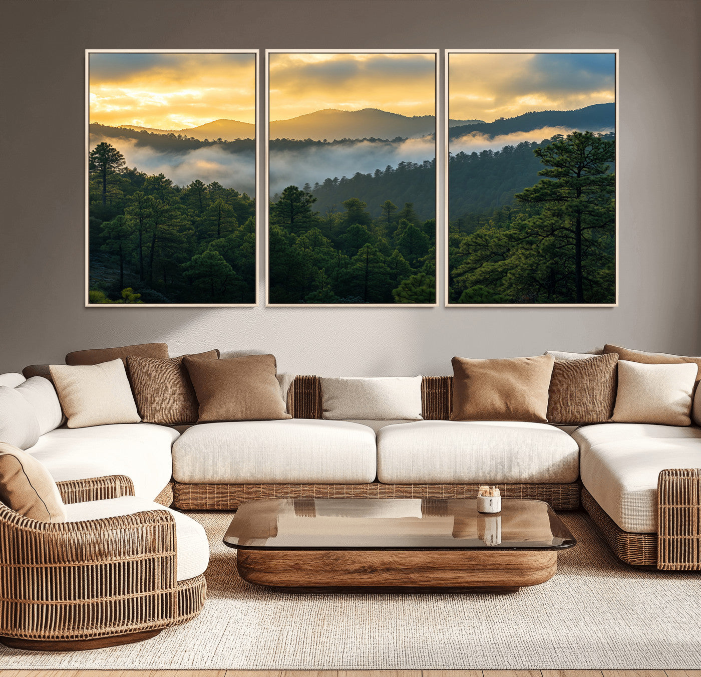68082278-MGV-CV-36X24-Mountain Sunrise Wall Art Canvas Print, Framed Pine Forest Art Picture Print, Misty Mountains Perfect Earthy Woodland Decor