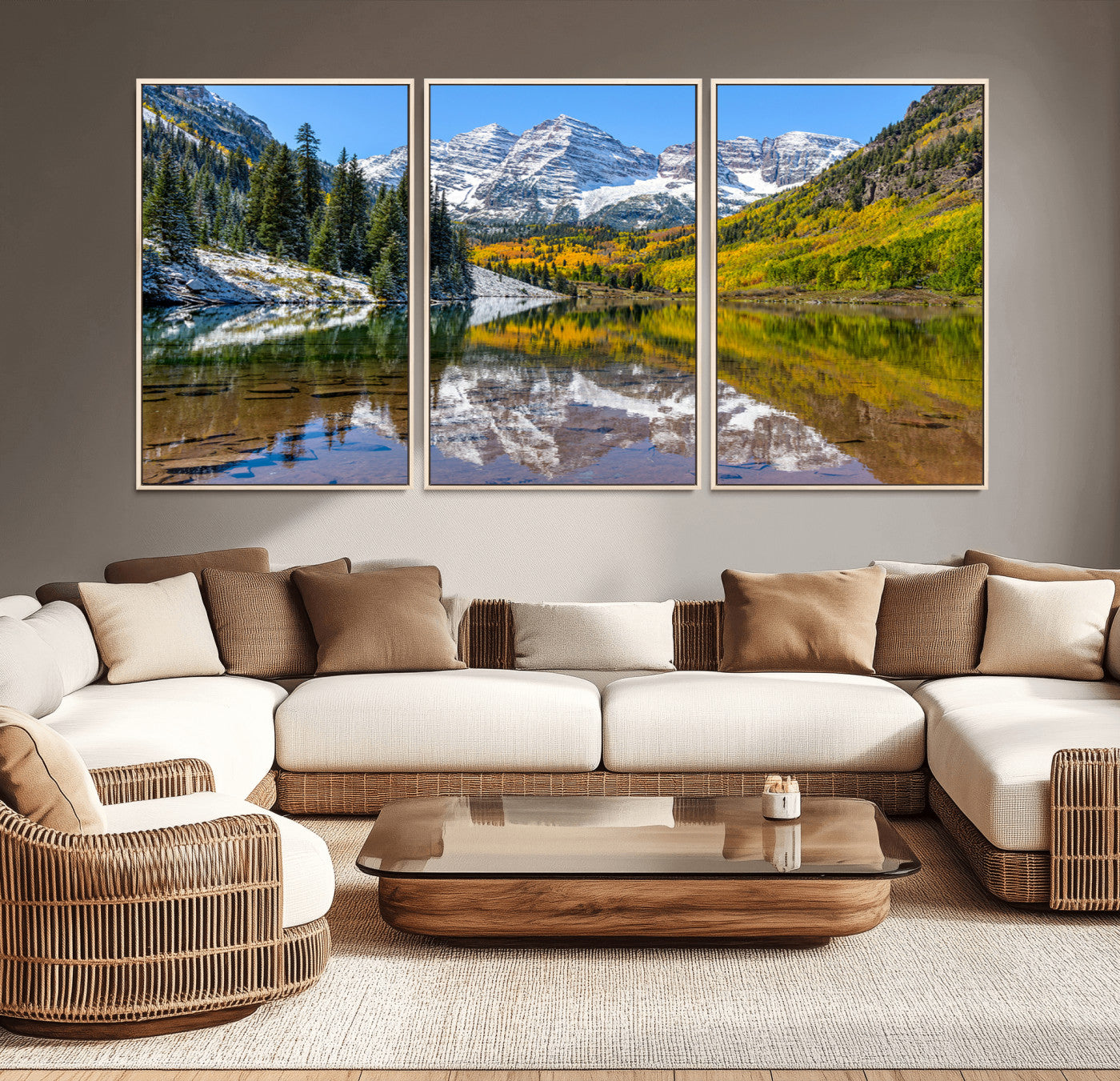 87724099-MGV-CV-36X24-Maroon Bells Wall Art Canvas Print, Framed Snowy Mountains Art Picture Print, Pine Forest Perfect Vibrant Alpine Decor Artwork