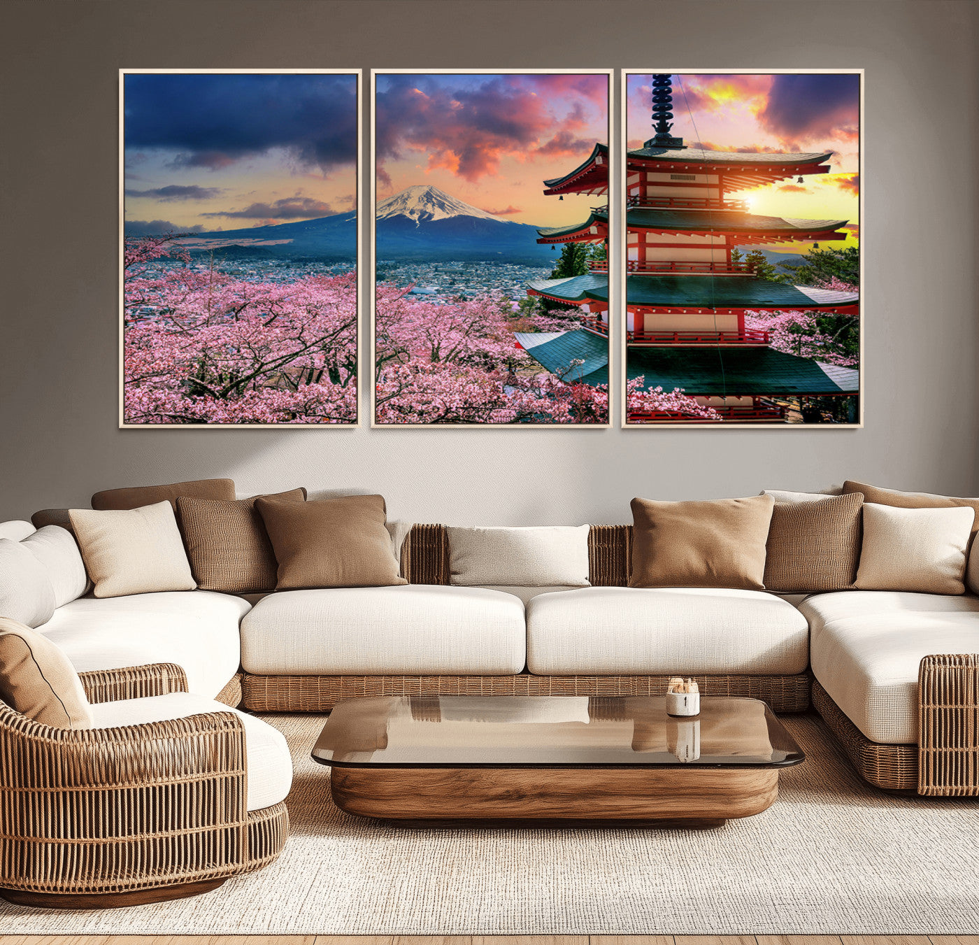 32331262-MGV-FC-60X30-3P_Natural-Mount Fuji Japan Wall Art – Cherry Blossom Landscape Canvas Print, Chureito Pagoda Sunset Photography, Japanese Nature Travel
