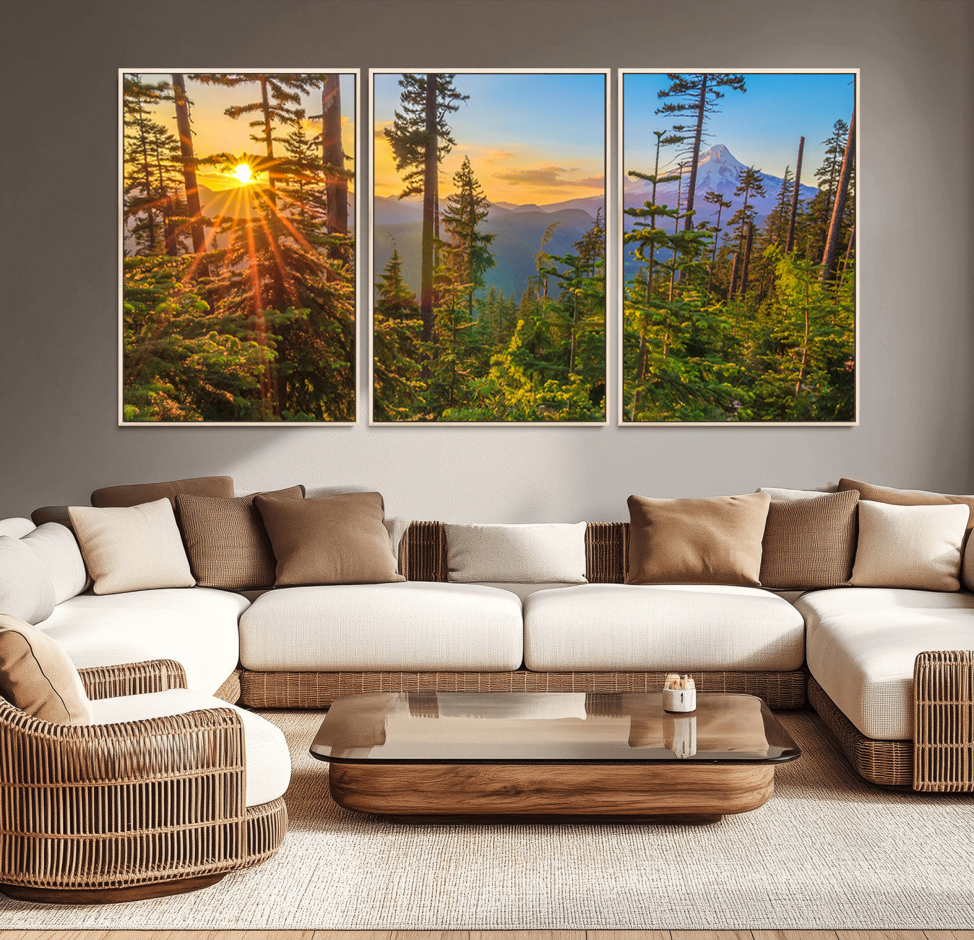 83544043-MGV-FC-60X30-3P_Natural-Forest Sunset Wall Art Canvas Print, Framed Sunset Trees Art Picture Print, Green Pines Perfect Rustic Nature Decor Artwork