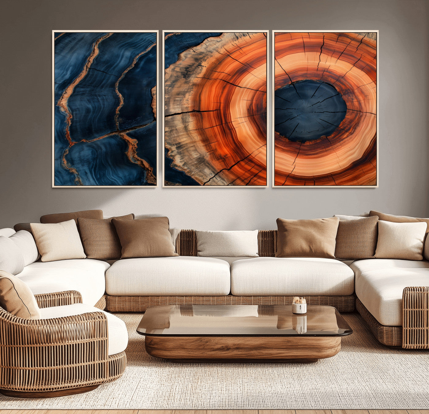 41123192-MGV-CV-36X24-Tree Ring Canvas Wall Art – Abstract Blue Orange Wood Grain Print, Rustic Modern Nature Artwork for Living Room, Bedroom, Office