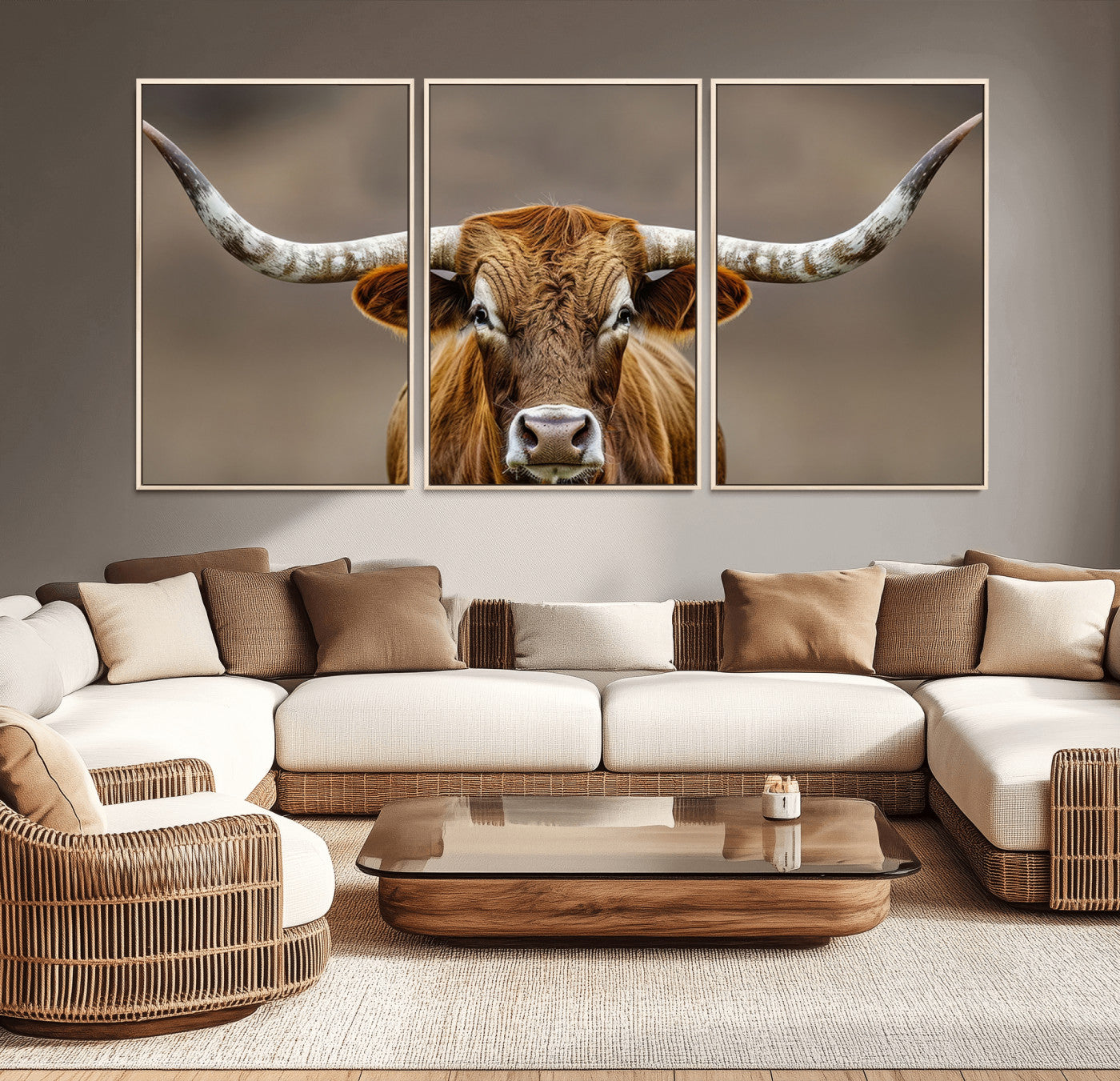 12179171-MGV-CV-36X24-Texas Longhorn Wall Art Canvas Print, Framed Brown Bull Art Picture Print, Lone Cattle Perfect Rustic Western Decor Artwork