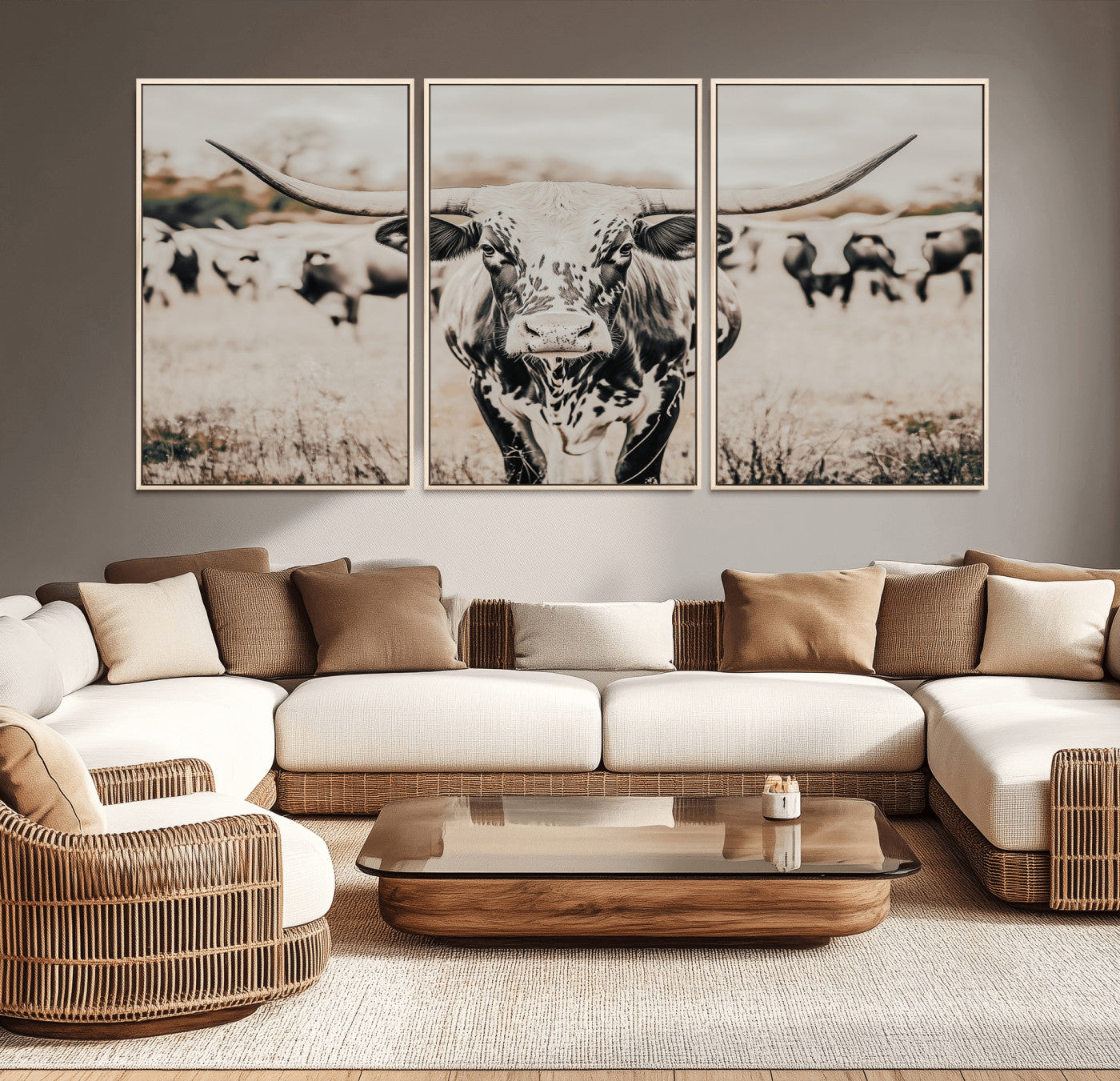 27497342-MGV-CV-36X24-Texas Longhorn Wall Art Canvas Print, Framed Speckled Cow Art Picture Print, Horned Cattle Perfect Rustic Western Decor Artwork