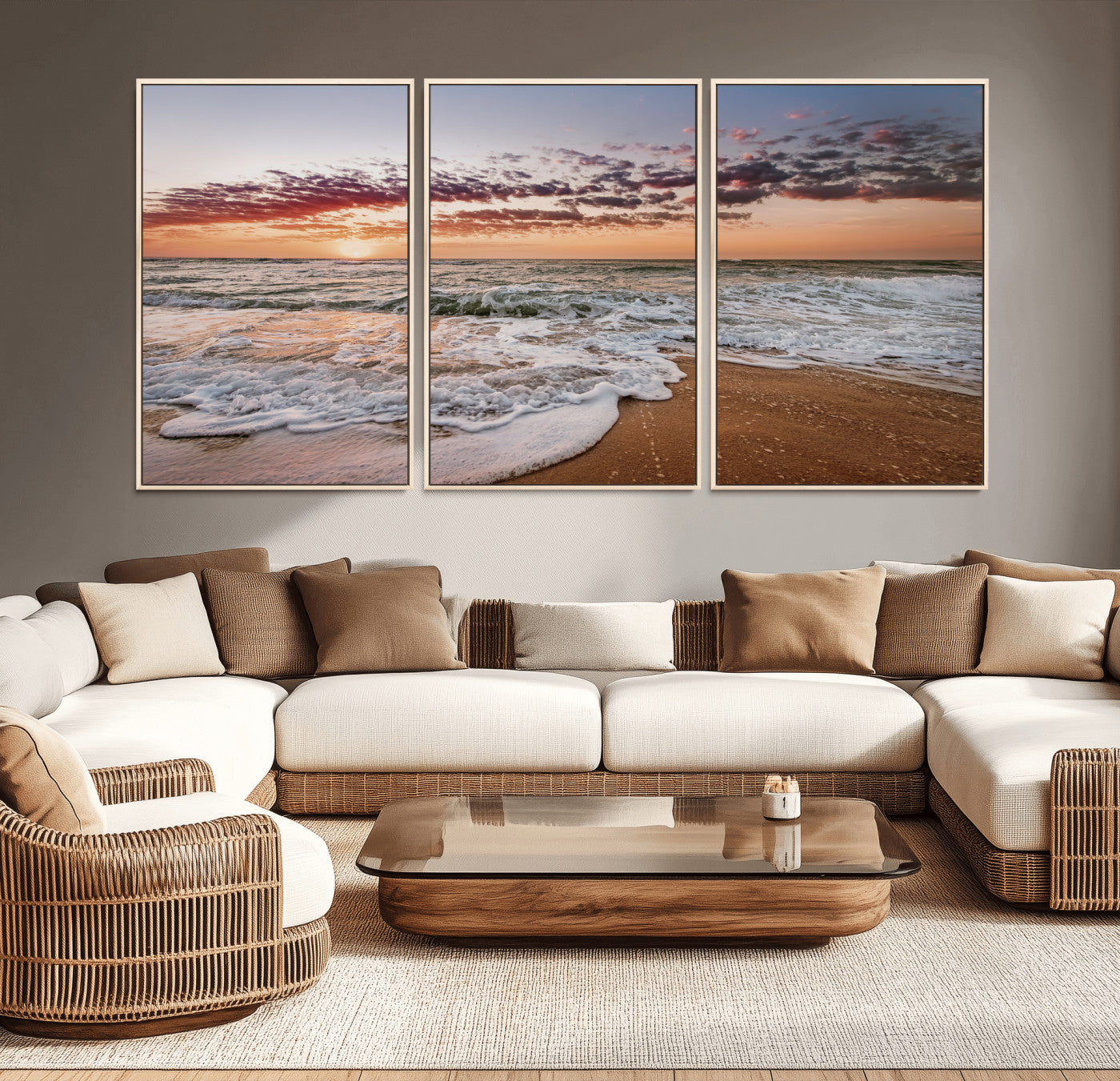 39846389-MGV-CV-36X24-Ocean Sunset Wall Art Canvas Print, Framed Sandy Shore Art Picture Print, Gentle Waves Perfect Minimalist Coastal Decor Artwork