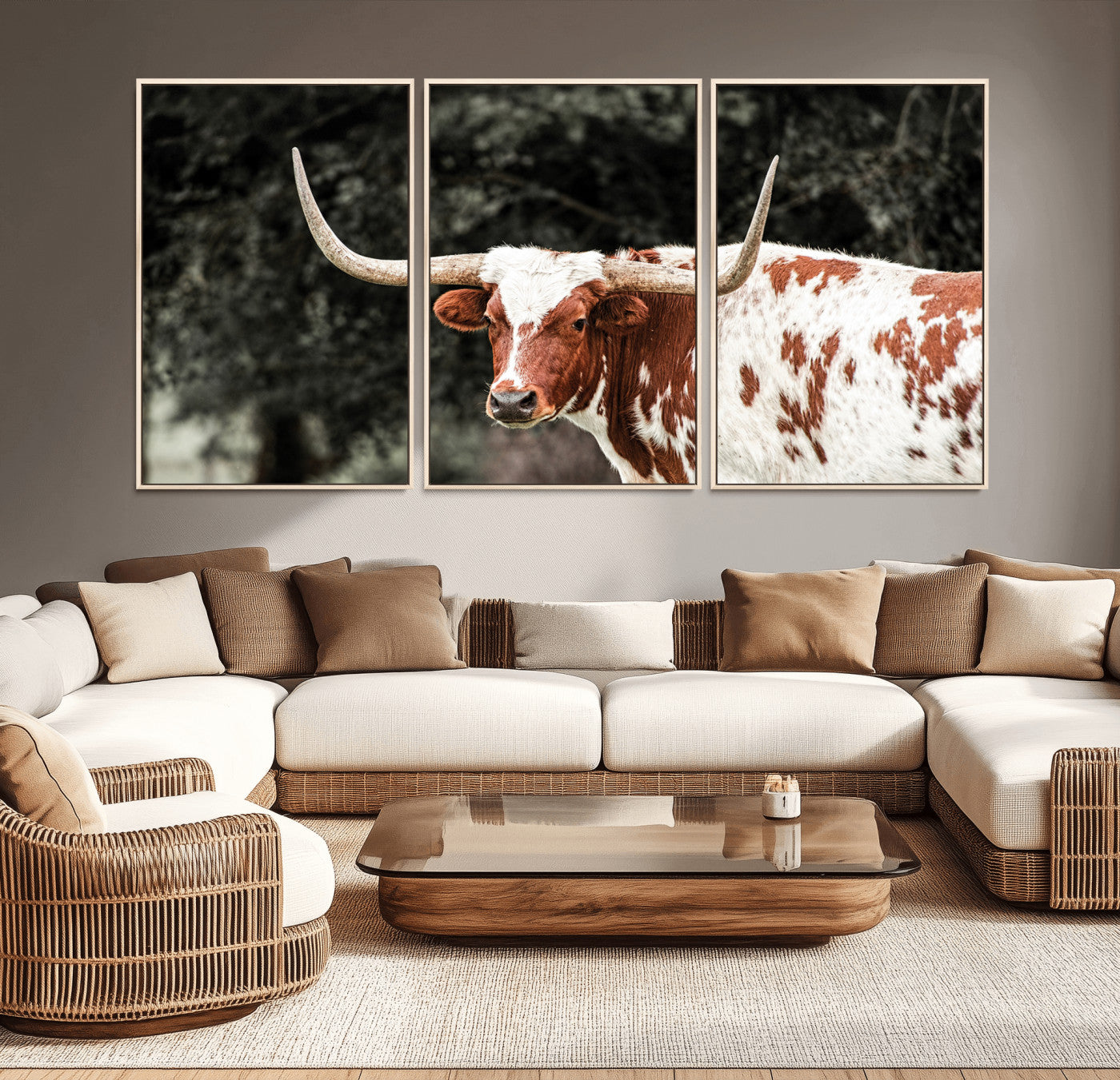 54027638-MGV-CV-36X24-Texas Longhorn Wall Art Canvas Print, Framed Spotted Cow Art Picture Print, Horned Bull Perfect Rustic Western Decor Artwork