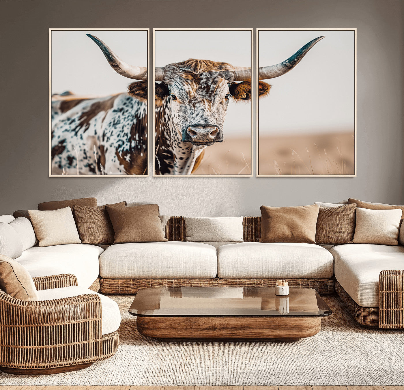 70414966-MGV-CV-36X24-Texas Longhorn Wall Art Canvas Print, Framed Speckled Cow Art Picture Print, Horned Bull Perfect Rustic Western Decor Artwork