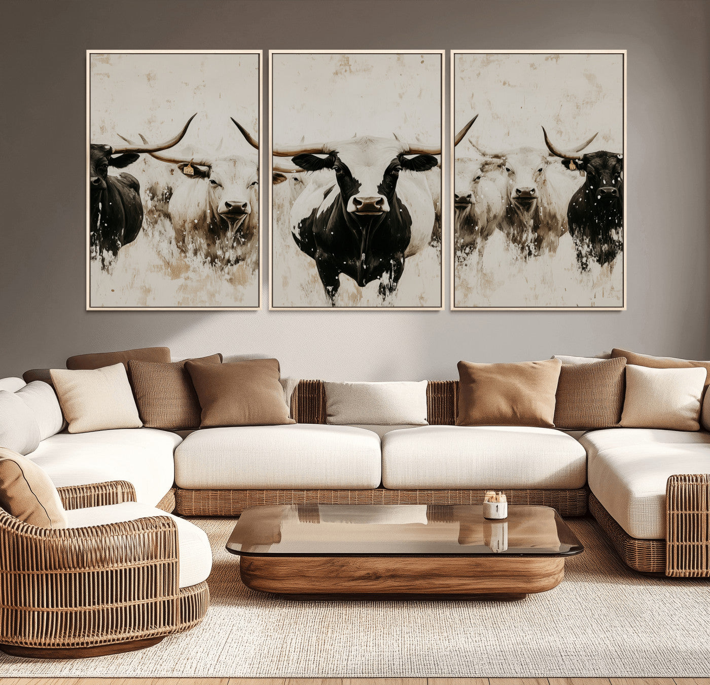 12027562-MGV-CV-36X24-Longhorn Cattle Wall Art Canvas Print, Framed Bison Herd Art Picture Print, Cattle Group Perfect Rustic Farmhouse Decor Artwork