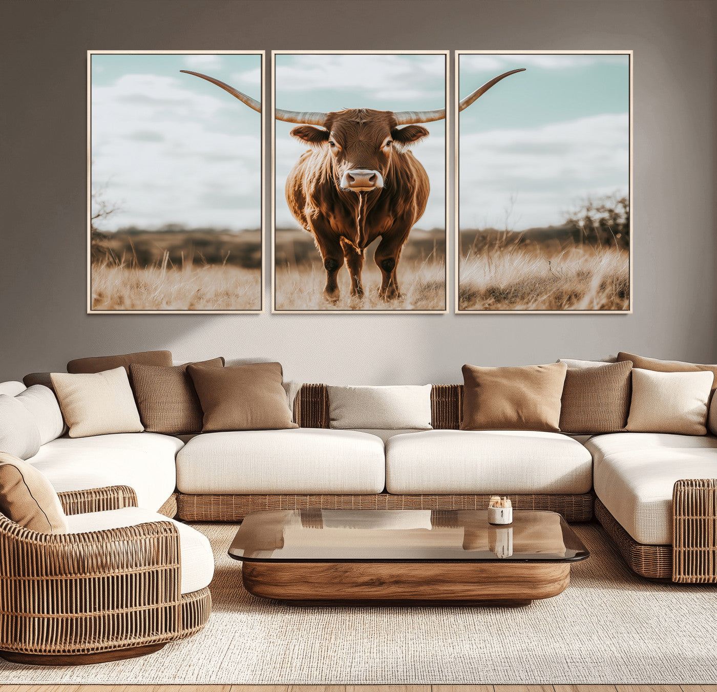 39350715-MGV-CV-36X24-Texas Longhorn Wall Art Canvas Print, Framed Longhorn Cow Art Picture Print, Western Cattle Perfect Rustic Western Decor Artwork