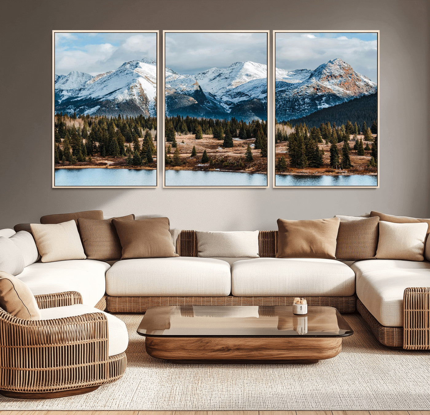 36247746-MGV-CV-36X24-Snowy Peaks Wall Art Canvas Print, Framed Alpine Lake Art Picture Print, Pine Forest Perfect Alpine Wilderness Decor Artwork