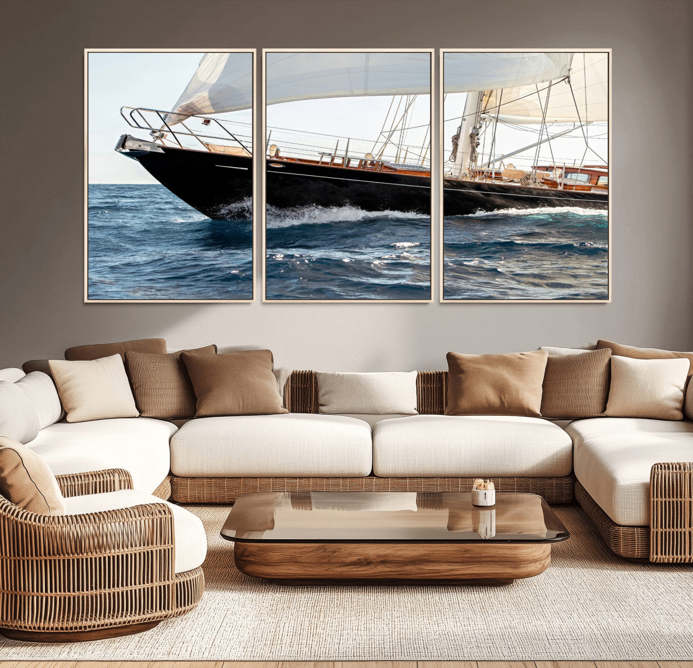 97168626-MGV-CV-36X24-Sailing Yacht Wall Art Canvas Print, Framed Wooden Yacht Art Picture Print, Ocean Waves Perfect Nautical Coastal Decor Artwork