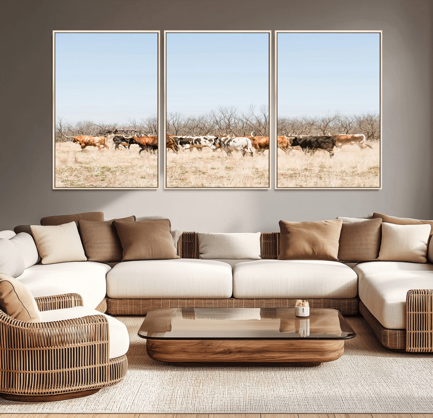16563092-MGV-CV-36X24-Texas Longhorns Wall Art Canvas Print, Framed Western Cattles Art Picture Print, Rustic Herd Perfect Rustic Farmhouse Decor