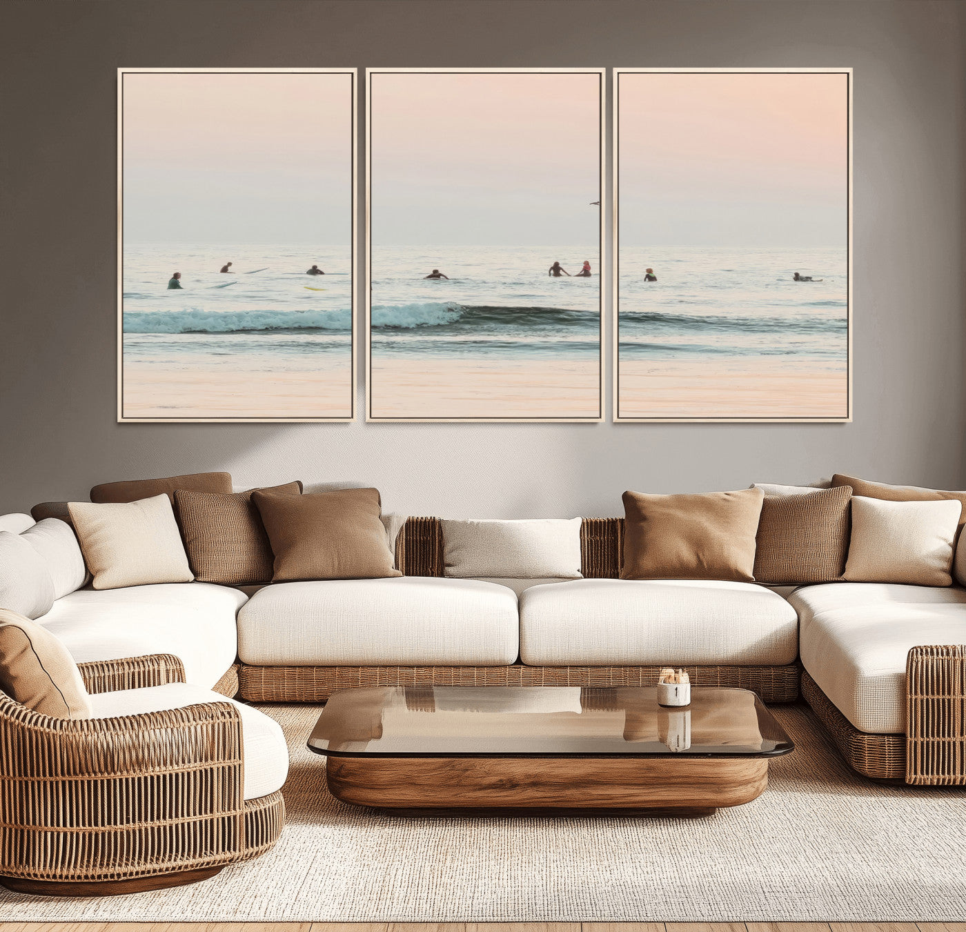 98888919-MGV-CV-36X24-Pastel Ocean Wall Art Canvas Print, Framed Soft Sunset Swimming Art Picture Print, Calm Sea Horizon Perfect Soft Coastal