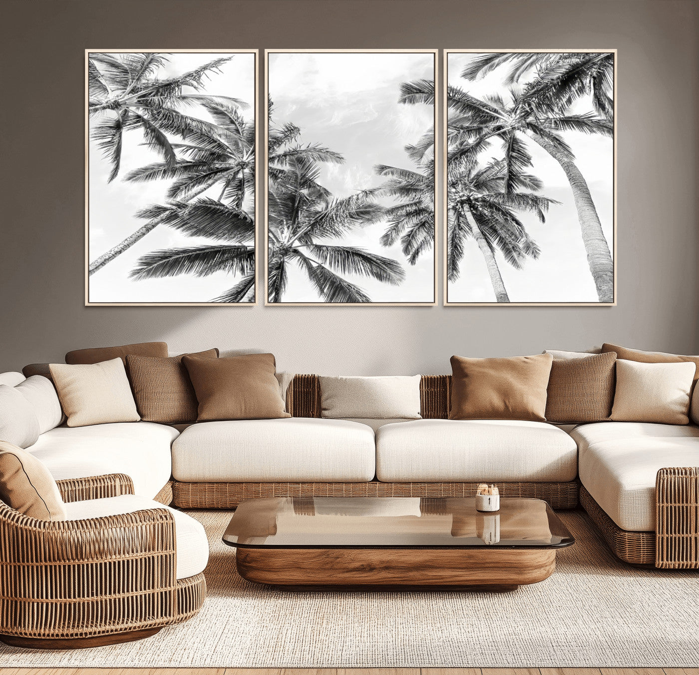 62113786-MGV-CV-36X24-Black White Palm Wall Art Canvas Print, Framed Monochrome Tropics Art Picture Print, Minimalist Beach Perfect Coastal Minimalist