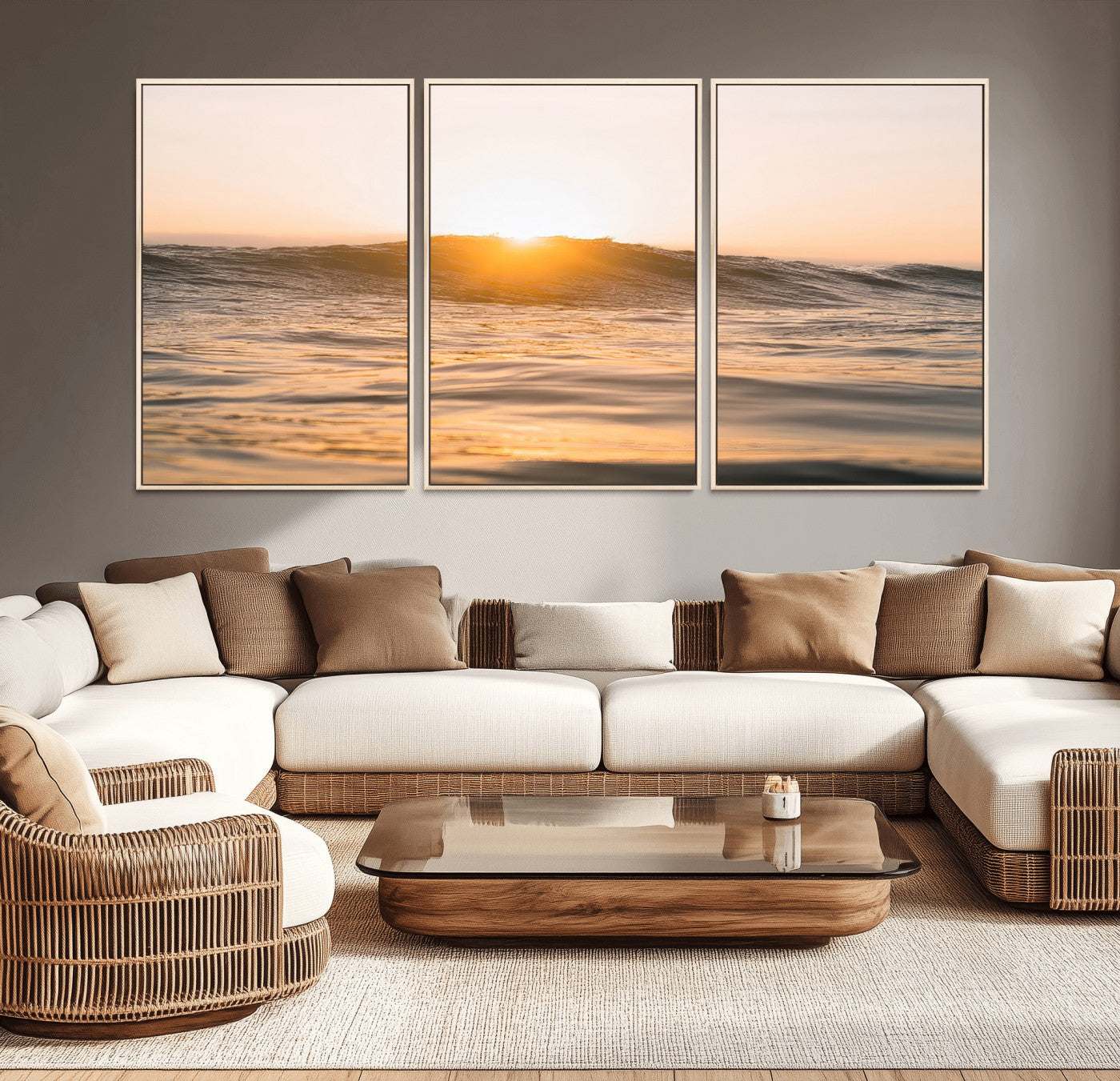 16973771-MGV-CV-36X24-Calm Water Wall Art Canvas Print, Framed Sunset Waves Art Picture Print, Coastal Warmth Perfect Warm Minimalist Decor Artwork