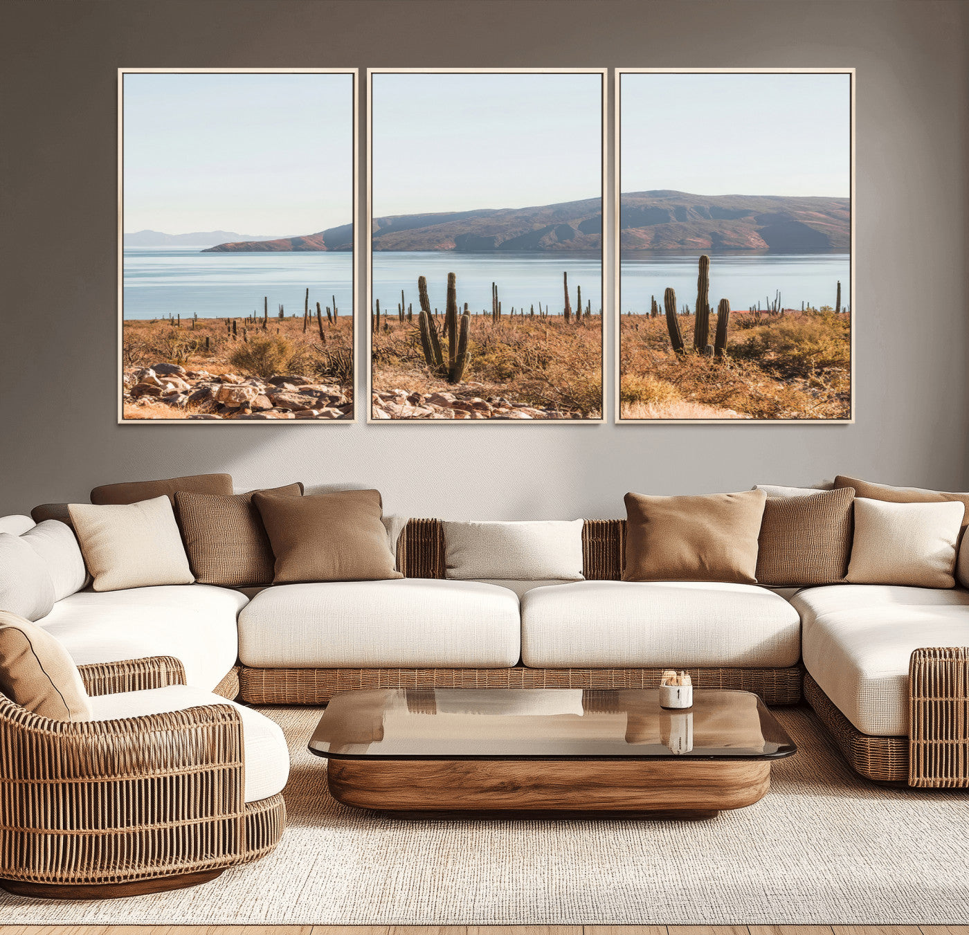 45193515-MGV-CV-36X24-Desert Cactus Wall Art Canvas Print, Framed Baja Coastline Art Picture Print, Coastal Desert Perfect Southwestern Minimalist Decor