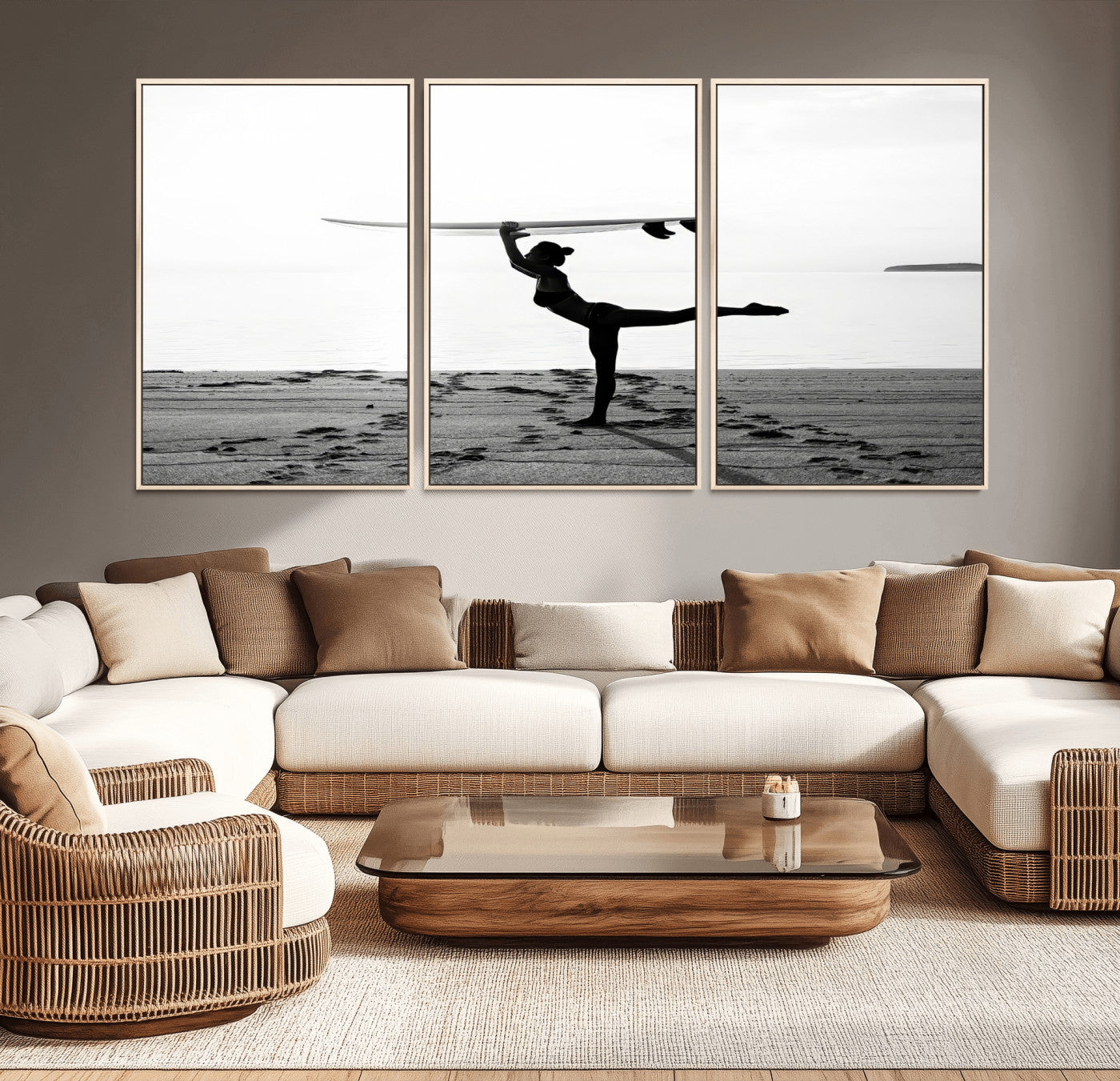 28441356-MGV-CV-36X24-Yoga Surf Wall Art Canvas Print, Framed Black White Shore Art Picture Print, Peaceful Ocean Perfect Minimalist Coastal Decor
