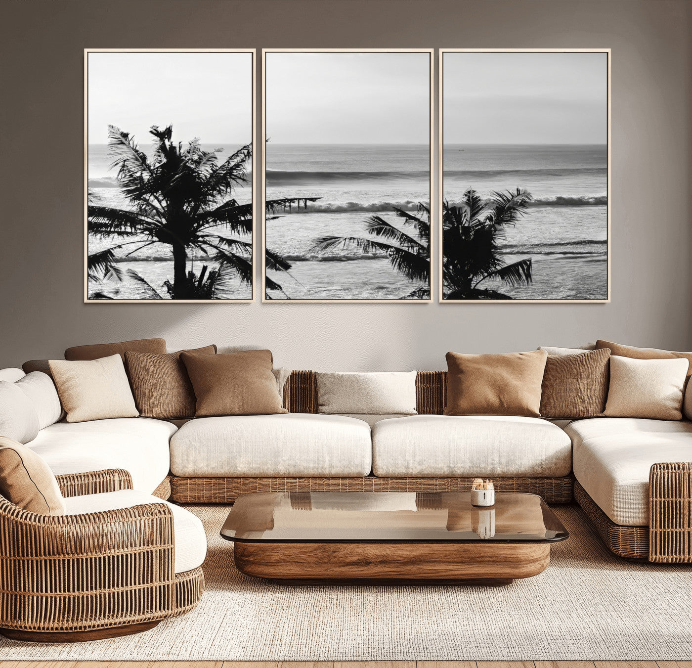 17508038-MGV-CV-36X24-Tropical Coastline Wall Art Canvas Print, Framed Palm Trees Art Picture Print, Ocean Waves Perfect Minimalist Coastal Decor