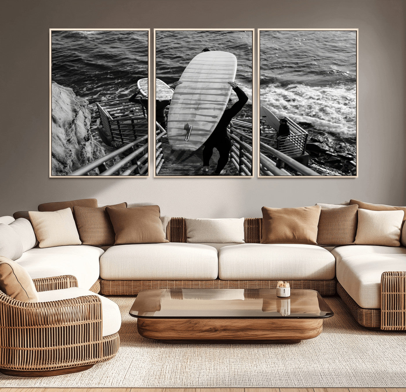 32353707-MGV-CV-36X24-Black White Surfing Wall Art Canvas Print, Framed Coastal Surfing Art Picture Print, Wave Riders Perfect Coastal Adventure Decor