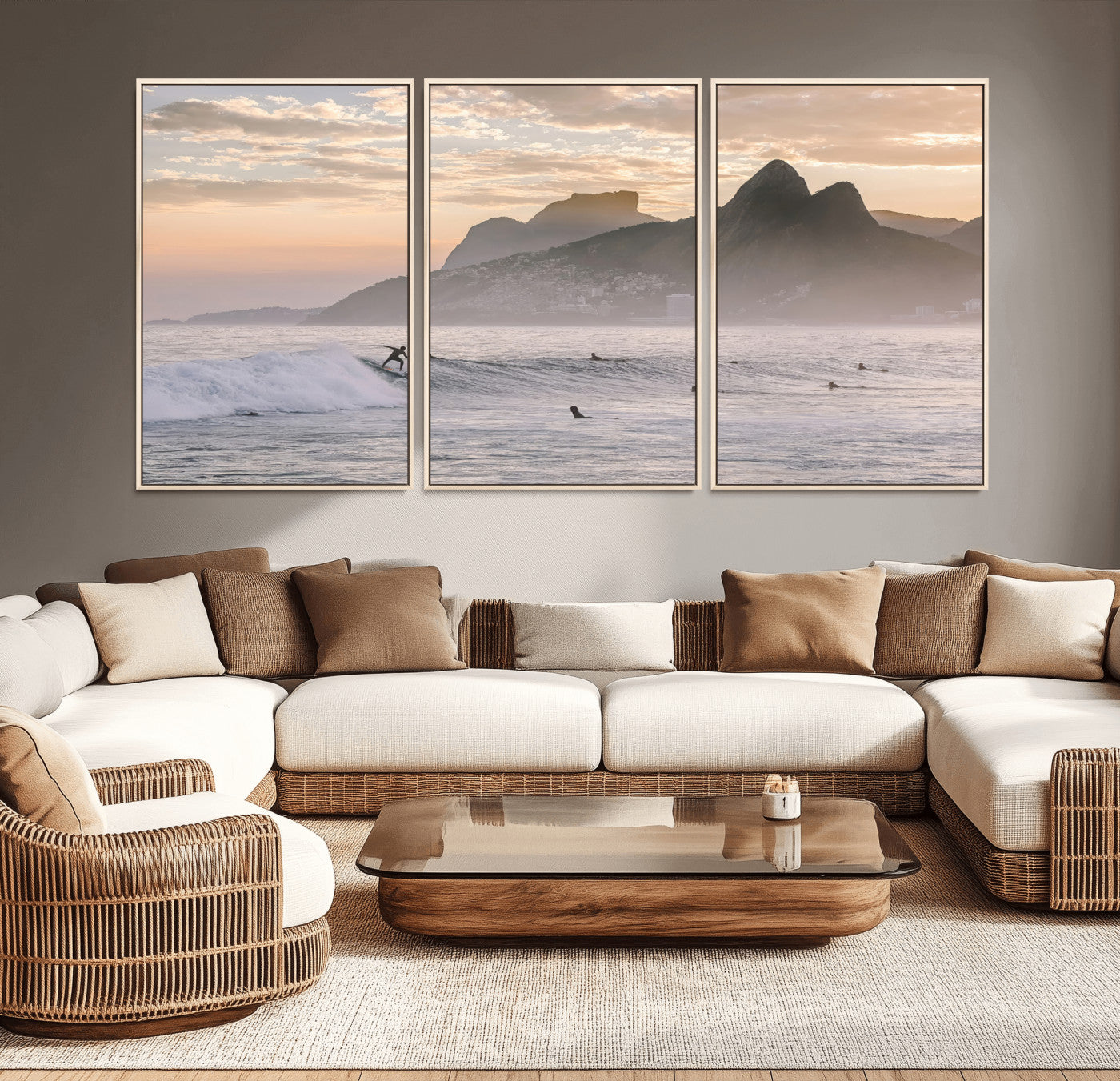 70644906-MGV-CV-36X24-Sunset Surfing Wall Art Canvas Print, Framed Misty Mountains Art Picture Print, Surfer Riding Wave Perfect Coastal Adventure Decor