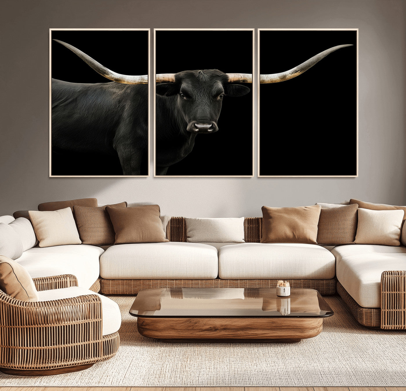 99448328-MGV-CV-36X24-Longhorn Cattle Wall Art Canvas Print, Framed Texas Ranch Art Picture Print, Western Cow Perfect Farmhouse Decor Artwork