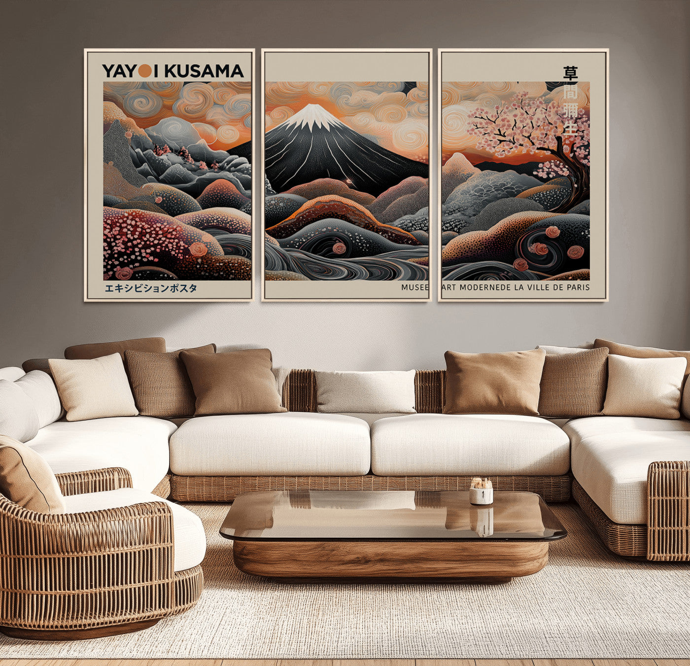 55739266-MGV-CV-36X24-Japanese Wall Art Print – Abstract Yayoi Kusama Inspired Dotted Landscape Poster, Surreal Oriental Mountain and Cherry Blossom