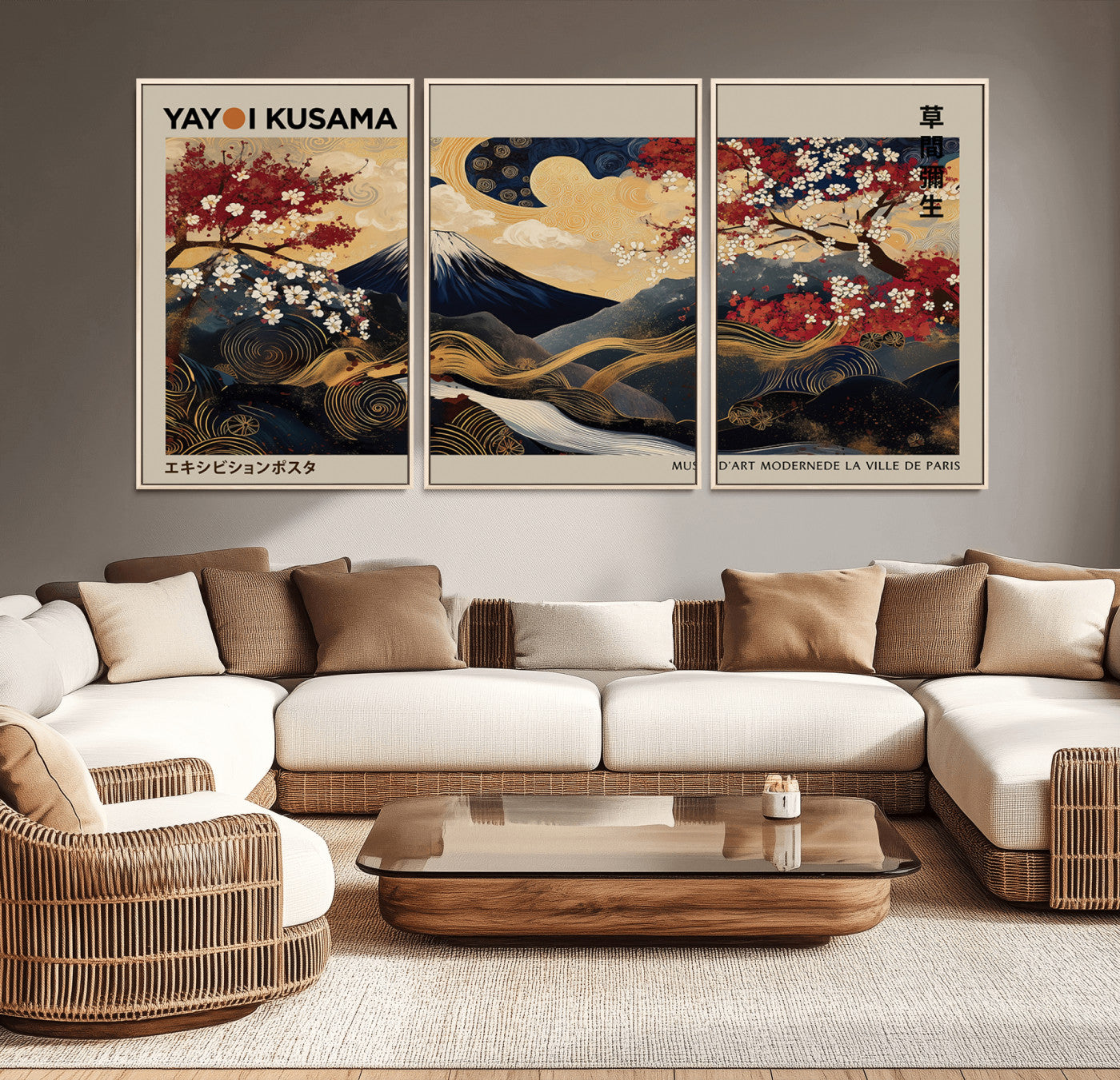 54967195-MGV-CV-36X24-Mount Fuji Wall Art – Japanese Cherry Blossom Abstract Canvas Print, Navy Gold Landscape Painting, Oriental Luxury Home Decor