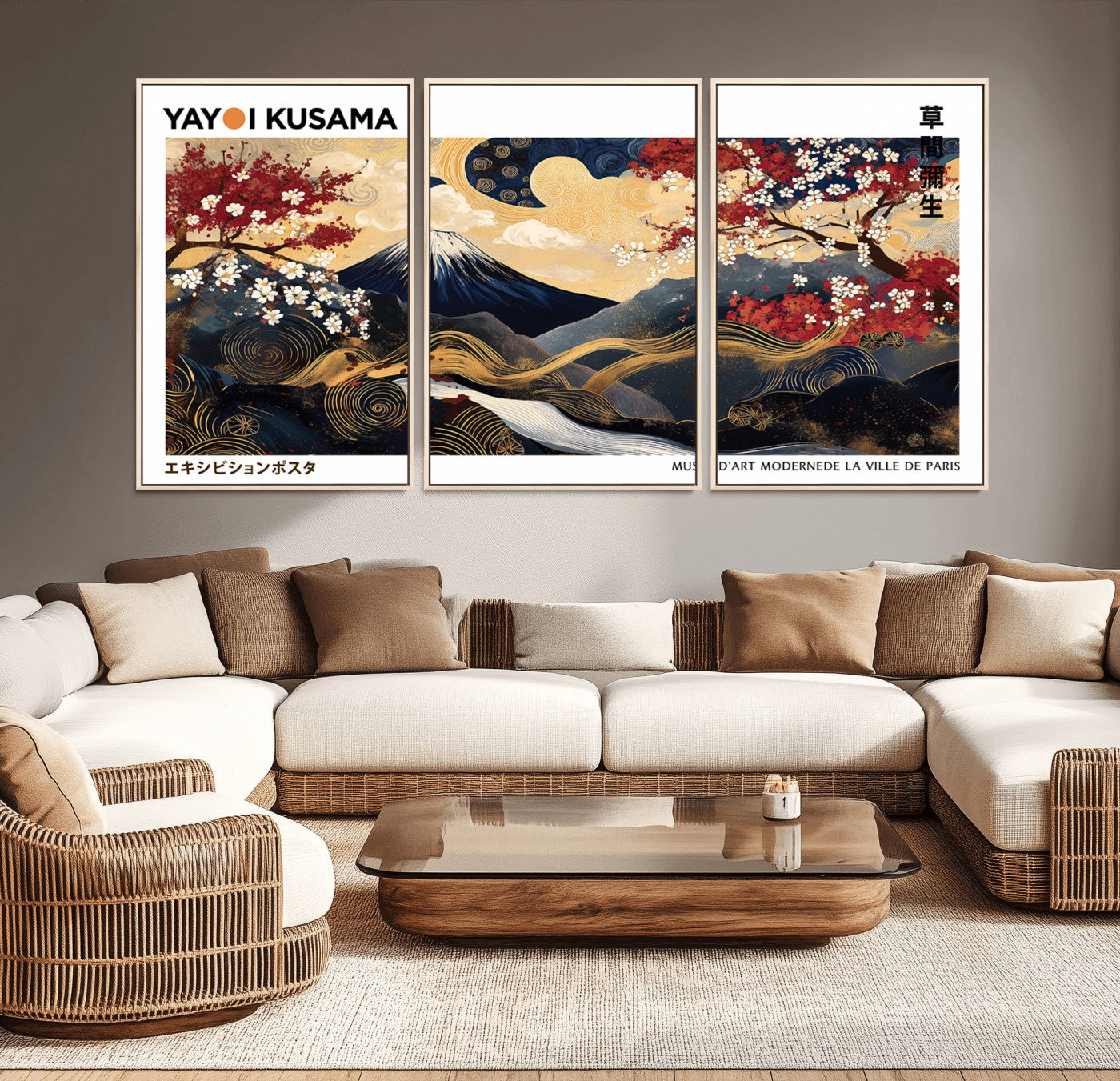 66243961-MGV-CV-36X24-Mount Fuji Japanese Wall Art – Golden Abstract Landscape Canvas Print, Cherry Blossom Painting, Modern Oriental Zen Home Decor