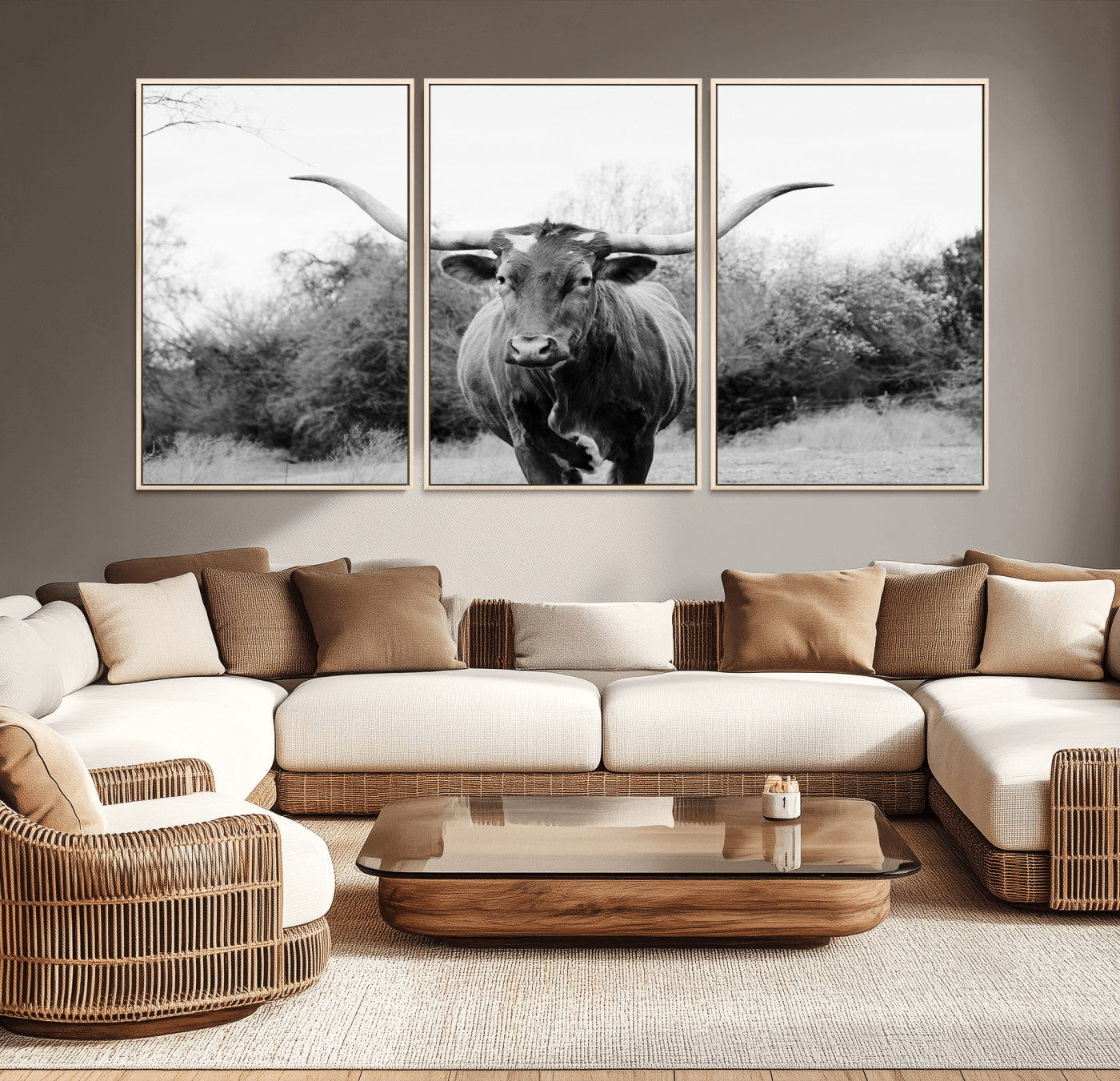 97280319-MGV-CV-36X24-Longhorn Photography Wall Art Canvas Print, Framed Western Cow Decor Art Picture Print, Texas Ranch Style Perfect Rustic Farmhouse