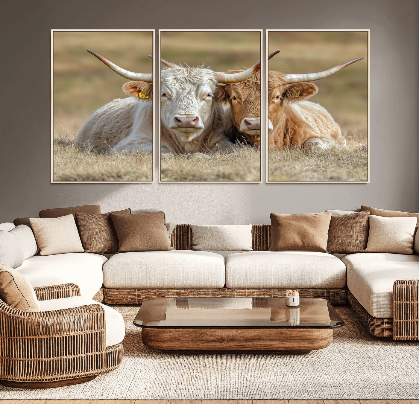 53388593-MGV-CV-36X24-Cow Photography Wall Art Canvas Print, Framed Rustic Animal Decor Art Picture Print, Texas Cow Pair Perfect Western Farmhouse