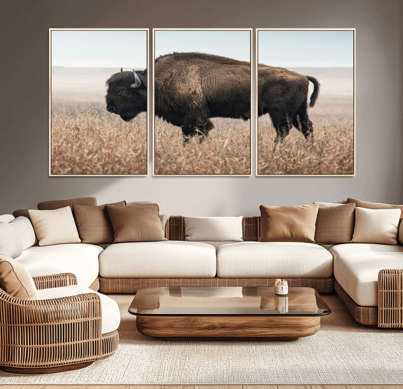 34451925-MGV-CV-36X24-Rustic Bison Decor Wall Art Canvas Print, Framed Buffalo Home Accent Art Picture Print, Prairie Wildlife Scene Perfect Western