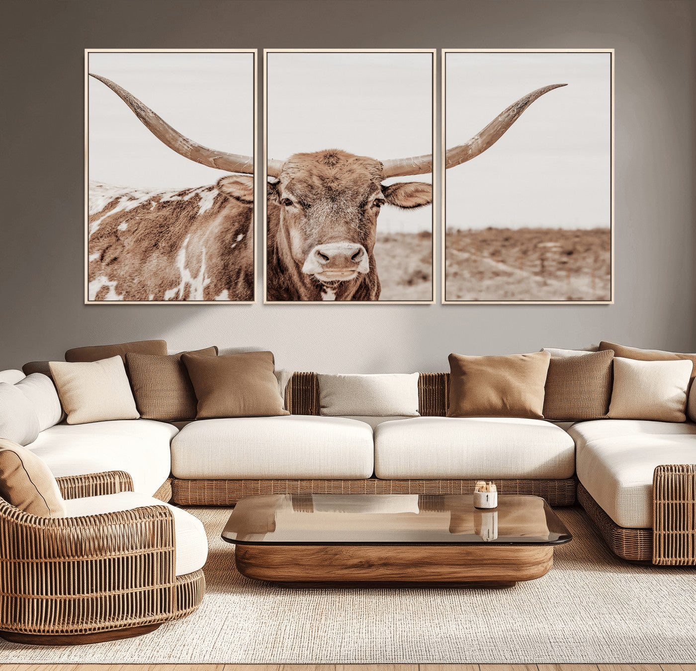 77810049-MGV-CV-36X24-Longhorn Bull Photo Wall Art Canvas Print, Framed Rustic Cow Decor Art Picture Print, Neutral Farmhouse Style Perfect Rustic