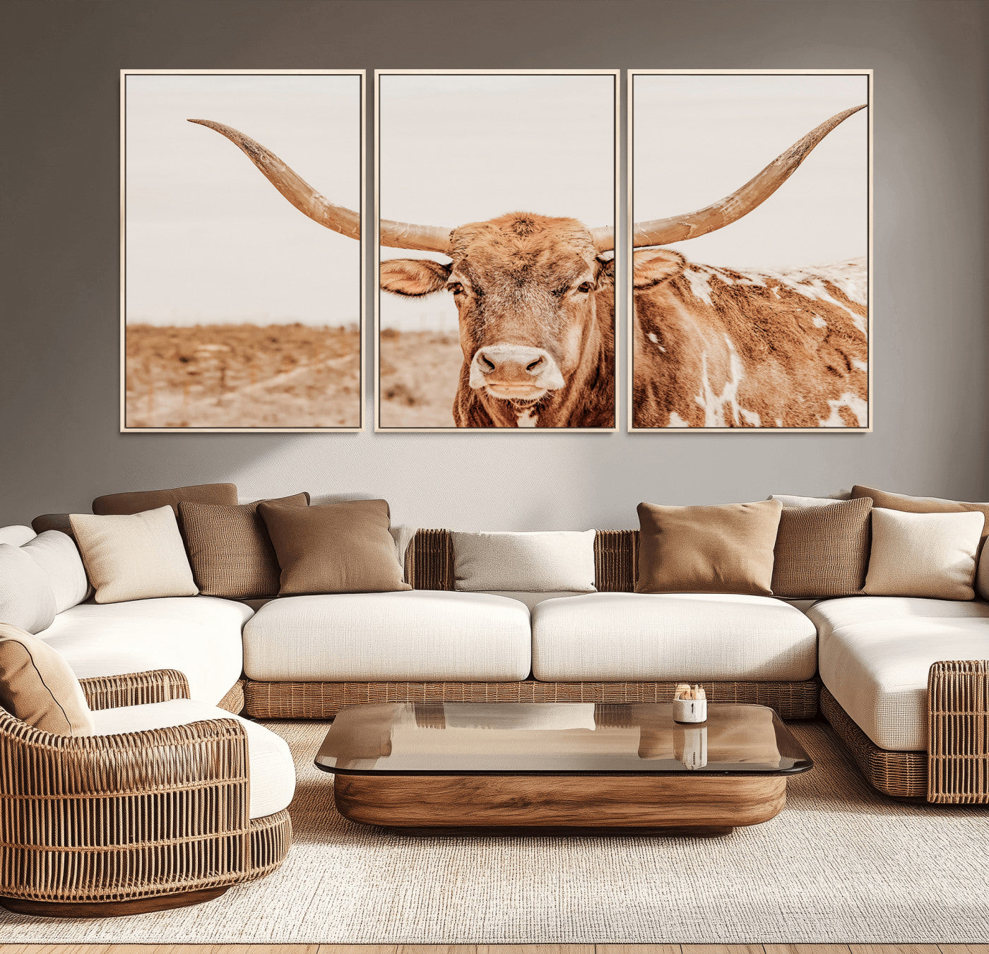 74406977-MGV-CV-36X24-Longhorn Bull Decor Wall Art Canvas Print, Framed Western Cow Theme Art Picture Print, Rustic Farmhouse Wall Perfect Neutral