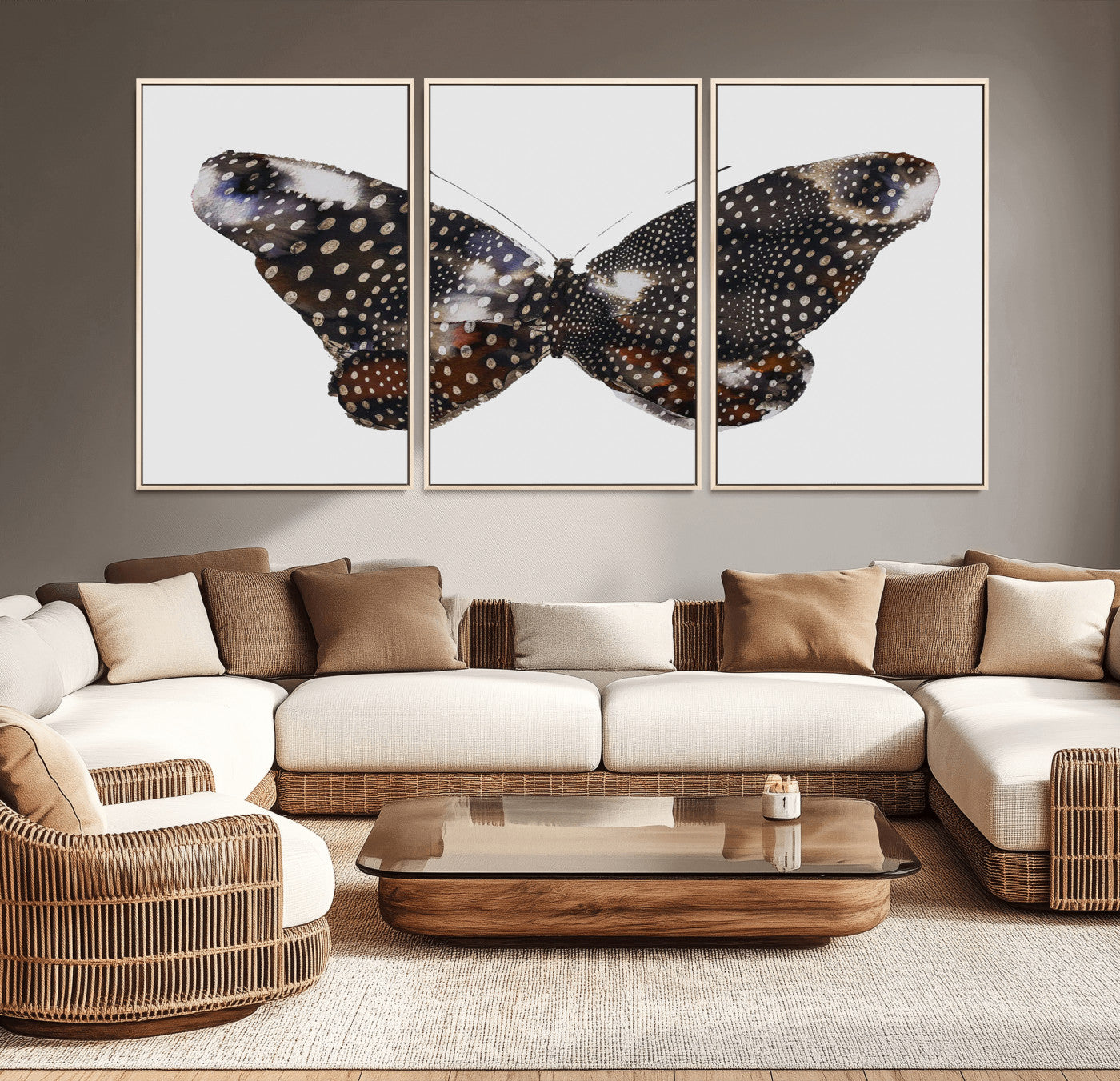 99831147-MGV-FC-60X30-3P_Natural-Spotted Butterfly Wall Art Canvas Print, Framed Neutral Insect Theme Art Picture Print, Earthy Wing Pattern Perfect Modern Rustic
