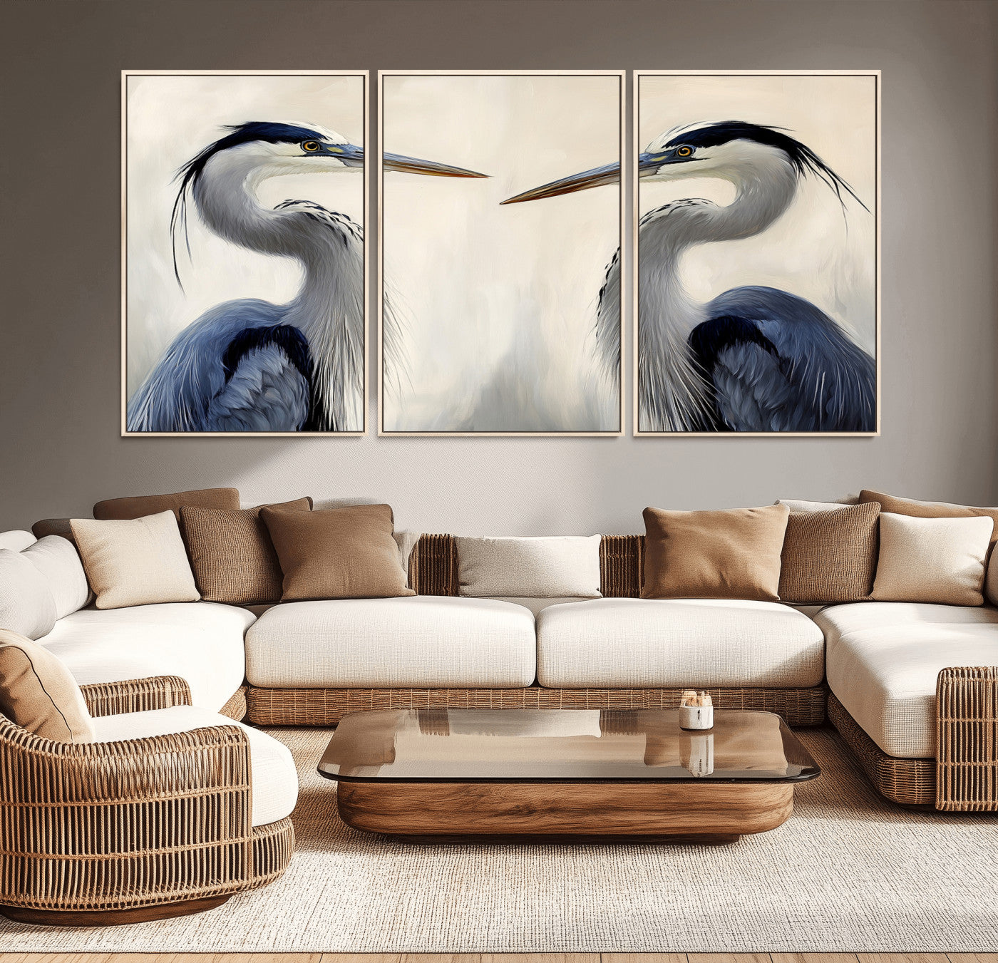 18230556-MGV-CV-36X24-Blue Heron Pair Wall Art Canvas Print, Framed Coastal Bird Theme Art Picture Print, Tranquil Wildlife Scene Perfect Coastal
