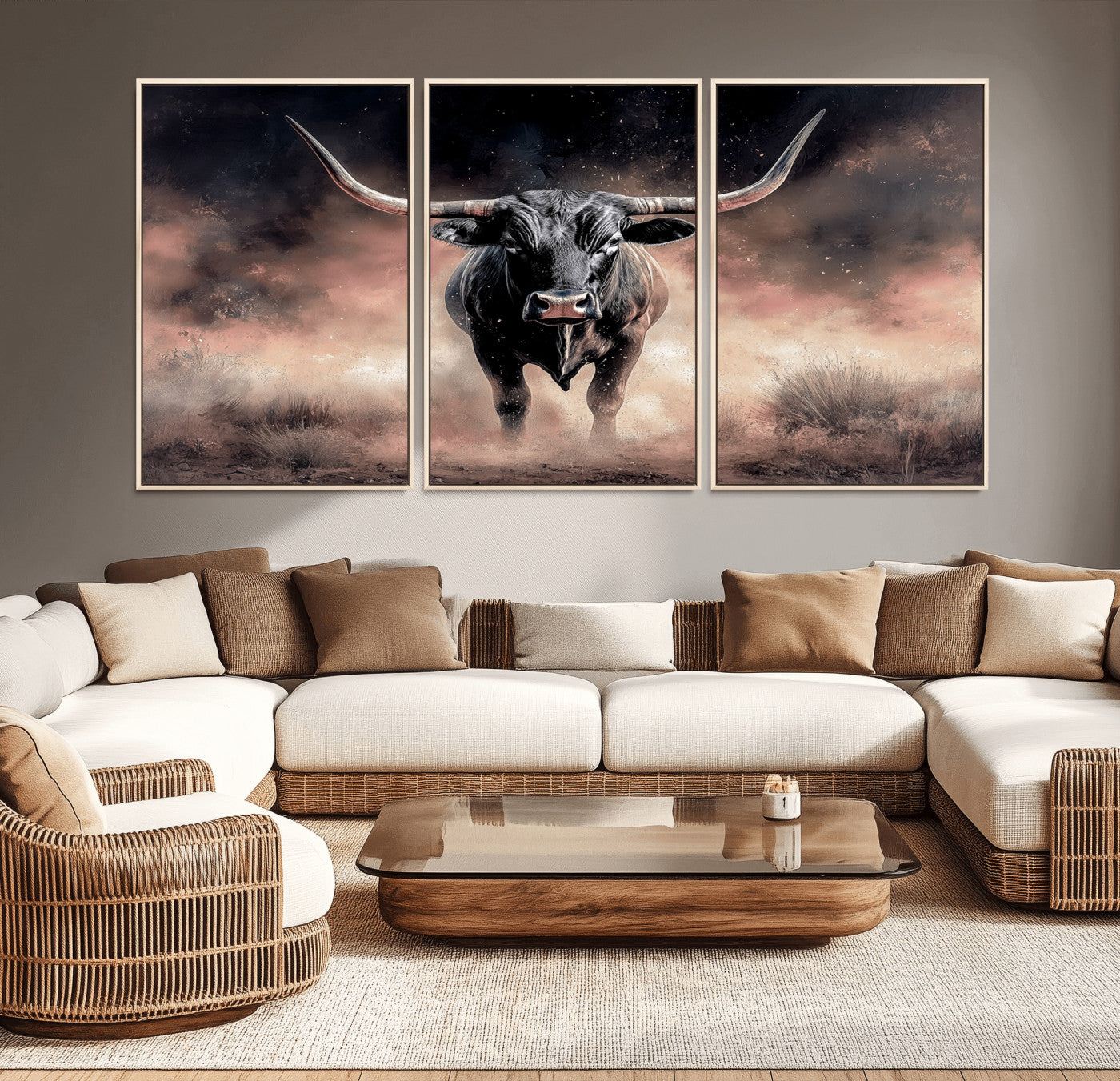 71457818-MGV-CV-36X24-Longhorn Wall Art Wall Art Canvas Print, Framed Western Bull Canvas Art Picture Print, Rustic Cow Decor Perfect Western Dramatic