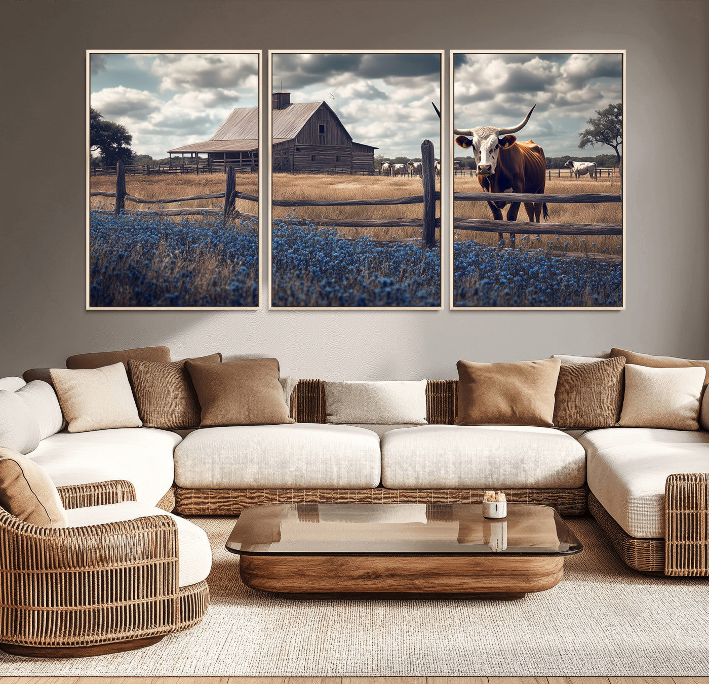 51092814-MGV-FC-60X30-3P_Natural-Texas Longhorn Wall Art Wall Art Canvas Print, Framed Rustic Barn Canvas Art Picture Print, Farmhouse Cow Decor Perfect Rustic