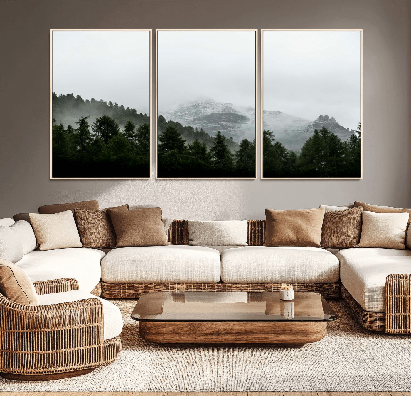 55968349-MGV-FC-60X30-3P_Natural-Misty Mountains Wall Art Canvas Print, Framed Foggy Forest Art Picture Print, Snowy Peaks Perfect Moody Wilderness Decor Artwork