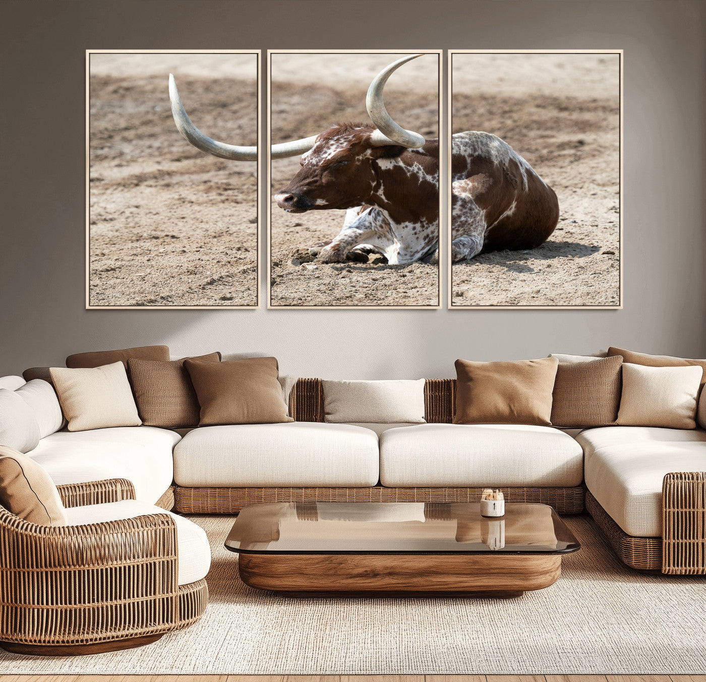 76549210-MGV-CV-36X24-Texas Longhorn Wall Art Canvas Print, Framed Country Living Art Picture Print, Farmhouse Aesthetic Perfect Western Rustic Decor