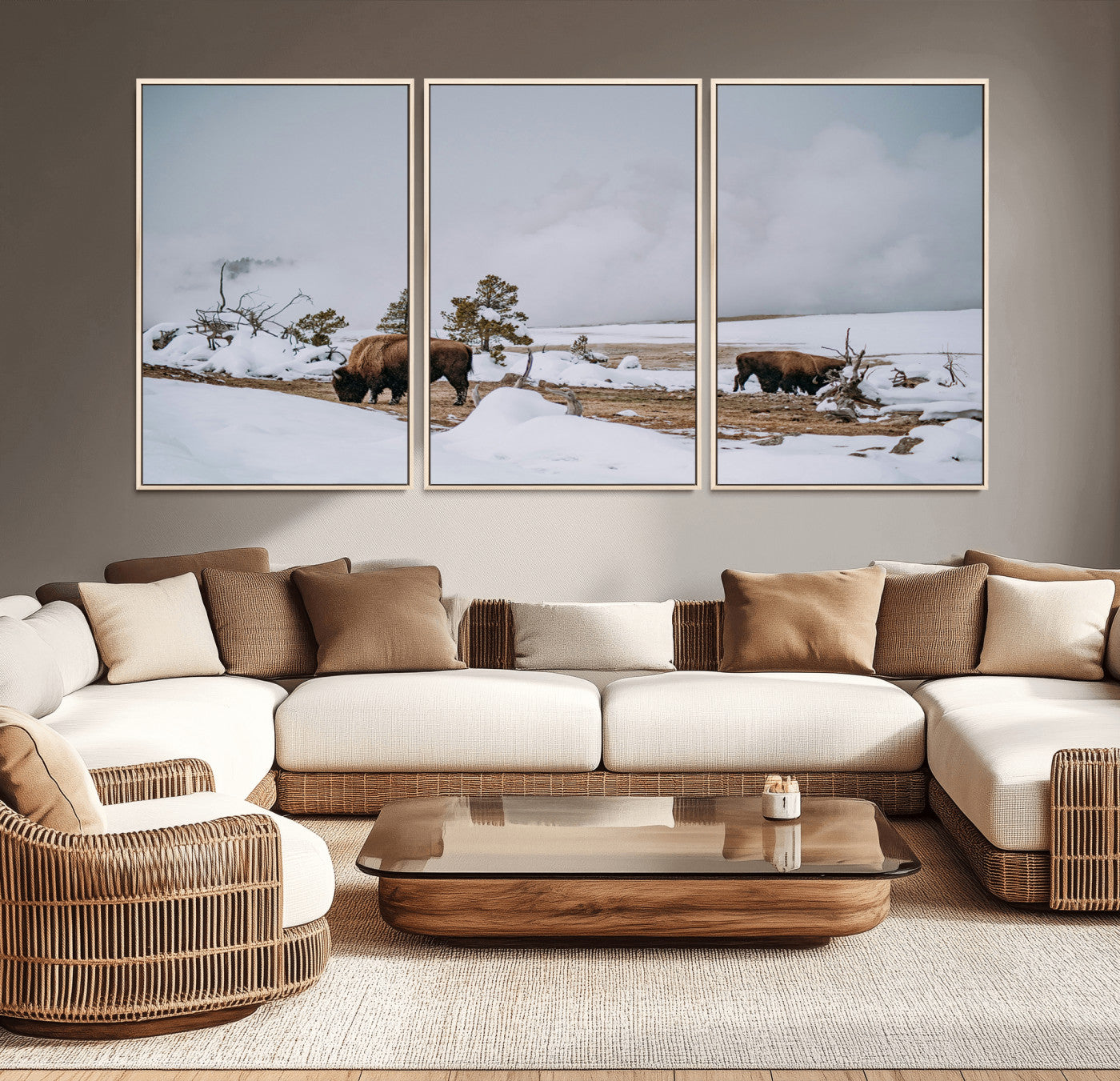 60308289-MGV-CV-36X24-Bison Wildlife Wall Art Canvas Print, Framed Snowy Prairie Art Picture Print, Western Landscape Perfect Rustic Winter Decor