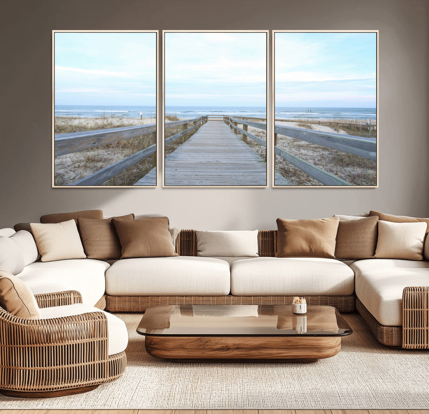 31602988-MGV-CV-36X24-Beach Boardwalk Wall Art Canvas Print, Framed Coastal Serenity Art Picture Print, Ocean View Perfect Coastal Minimalist Decor