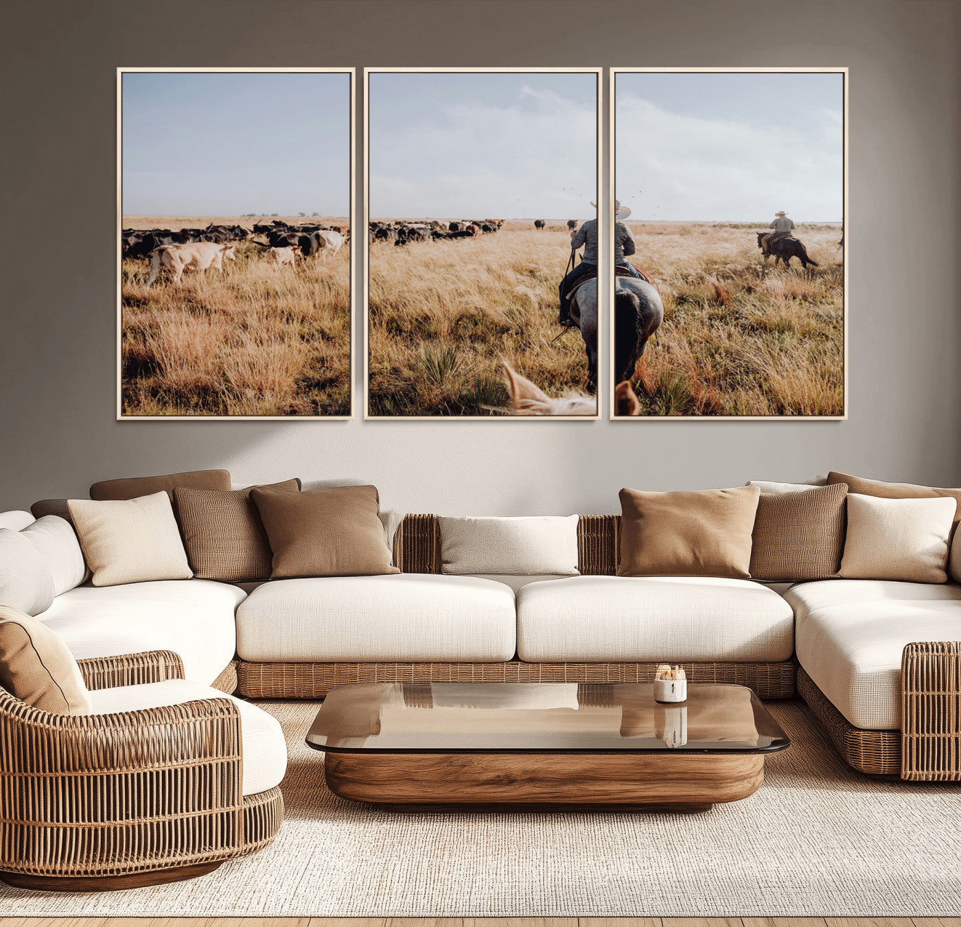 22431577-MGV-CV-36X24-Western Wall Art Wall Art Canvas Print, Framed Cowboy Canvas Art Picture Print, Cattle Drive Scene Perfect Rustic Western Decor