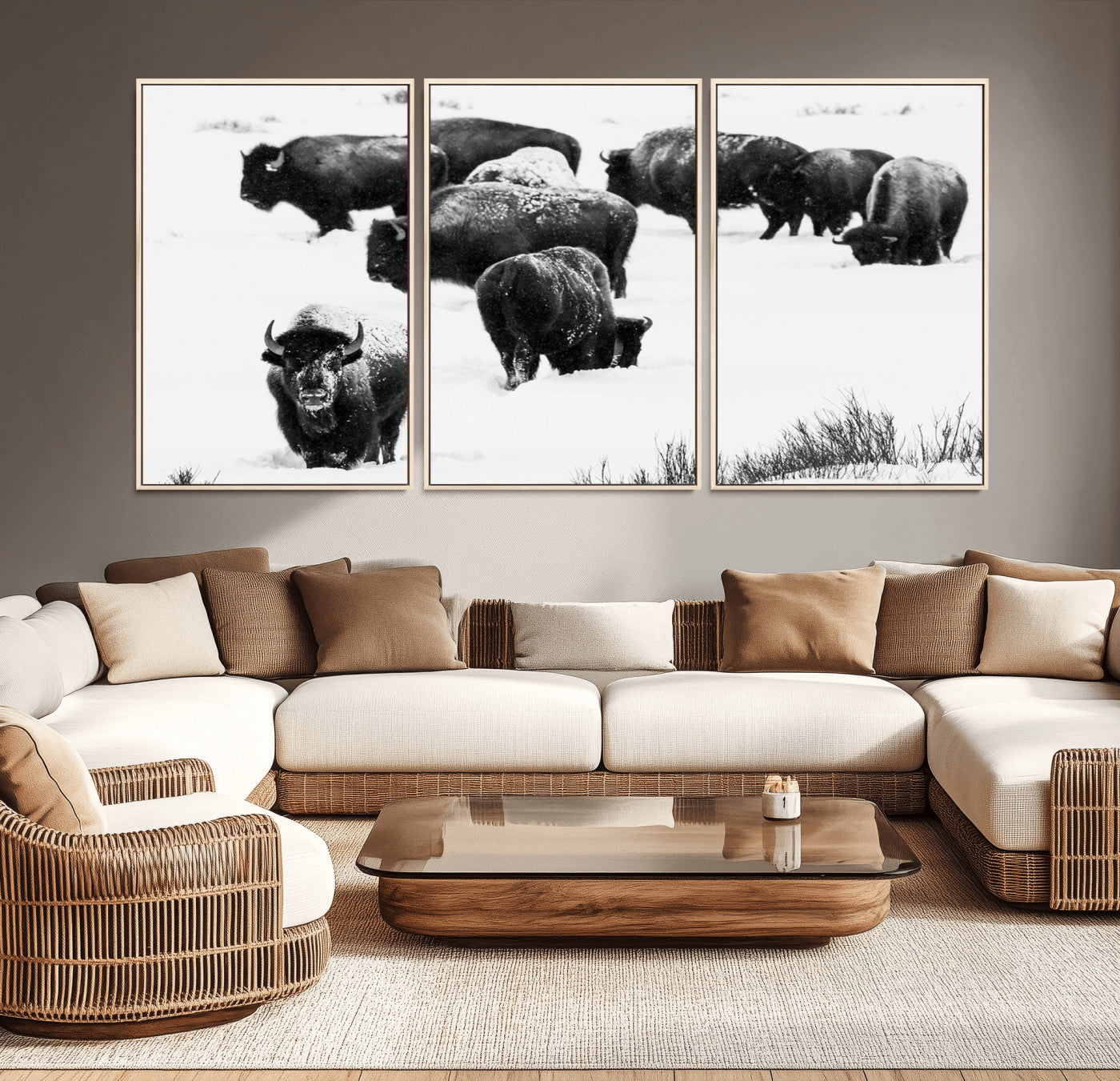 18914414-MGV-CV-36X24-Buffalo Herd Wall Art Canvas Print, Framed Black and White Art Picture Print, Snowy Landscape Perfect Rustic Lodge Decor Decor