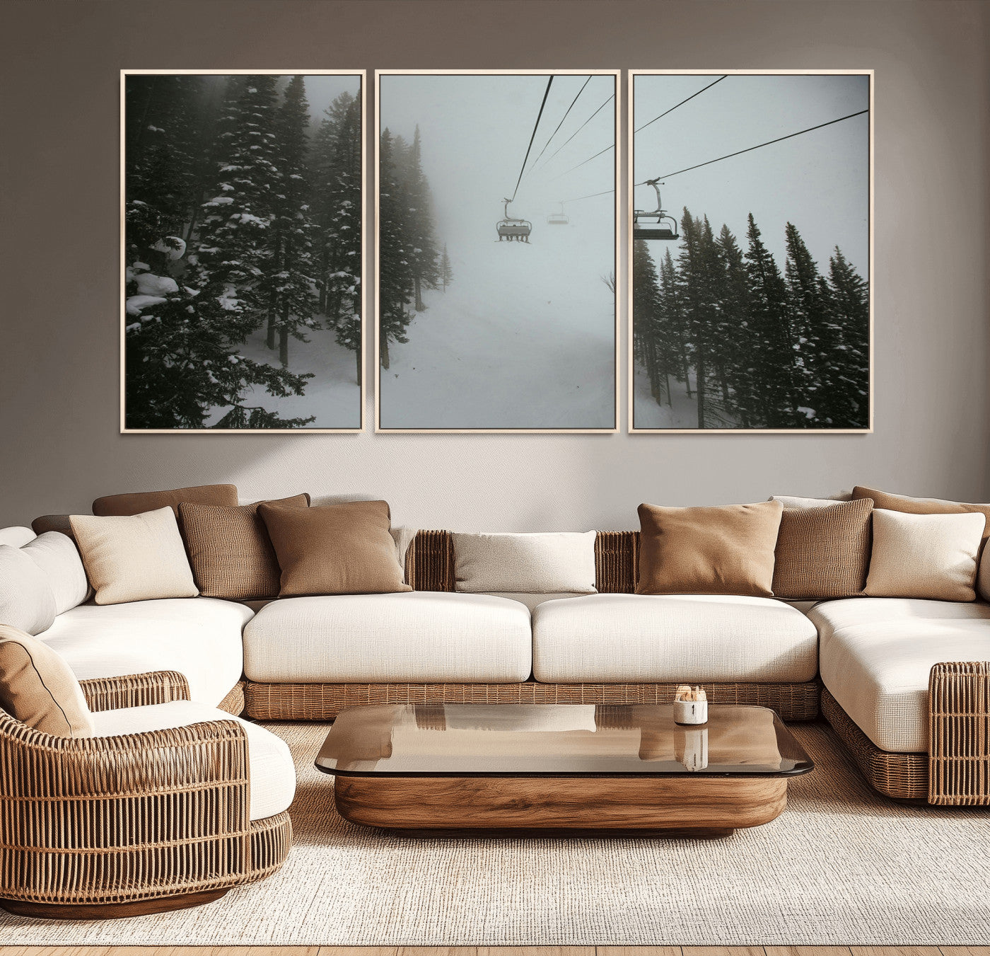 87018452-MGV-CV-36X24-Ski Lift Wall Art Canvas Print, Framed Snowy Pines Art Picture Print, Misty Landscape Perfect Winter Serenity Decor Artwork