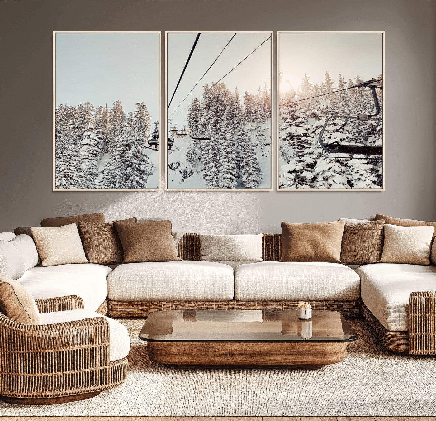 91534512-MGV-CV-36X24-Frosty Pines Wall Art Canvas Print, Framed Cozy Cabin View Art Picture Print, Ski Lift Ride Perfect Rustic Lodge Decor Artwork