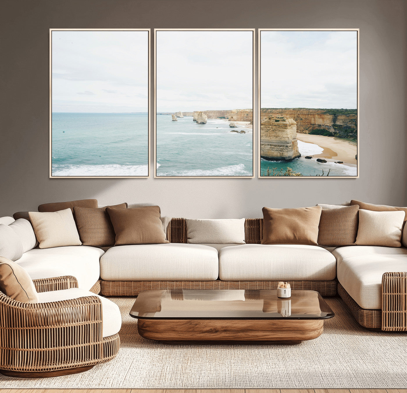 70095633-MGV-CV-36X24-Twelve Apostles Wall Art Canvas Print, Framed Coastal Cliffs Art Picture Print, Rugged Rock Formations Perfect Minimalist Coastal