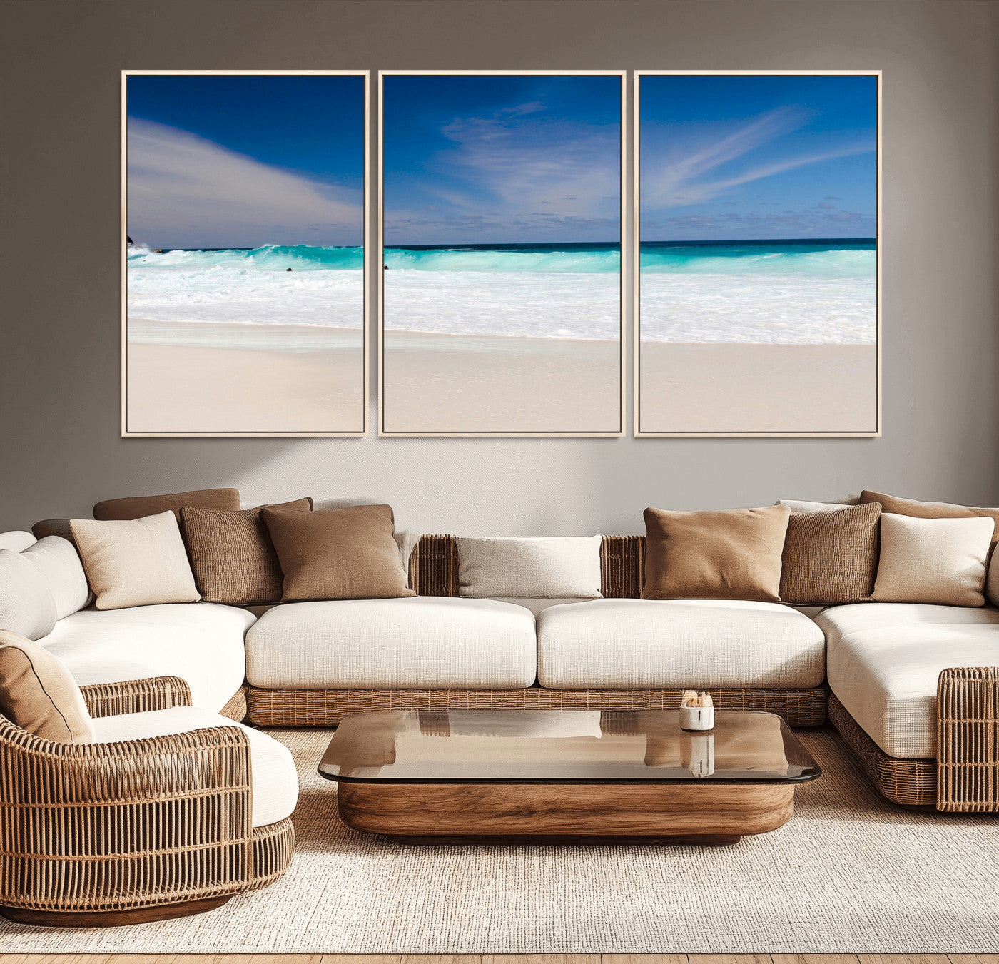 55017356-MGV-CV-36X24-Ocean Beach Wall Art – Turquoise Wave and White Sand Shoreline Canvas Print, Coastal Seascape Photography Decor for Living Room,