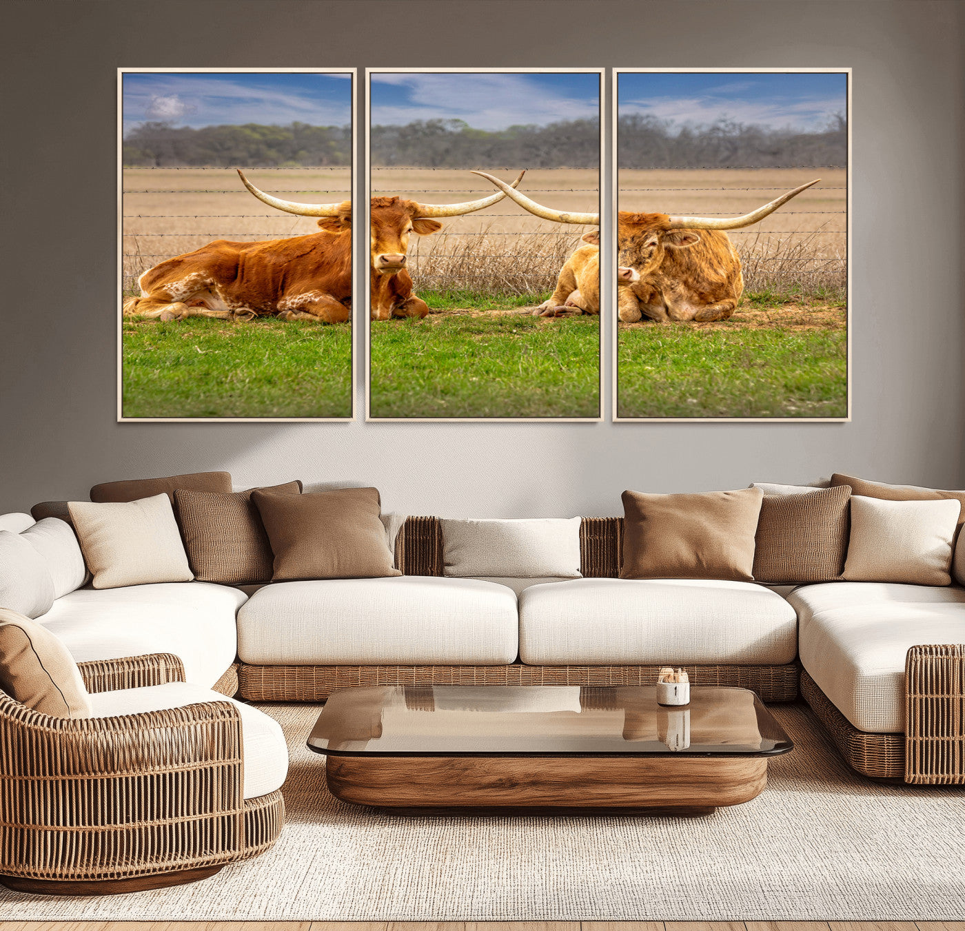 54598515-MGV-FC-60X30-3P_Natural-Texas Longhorns Wall Art – Rustic Cattle Ranch Canvas Print, Western Farmhouse Animal Photography Decor for Living Room, Office,