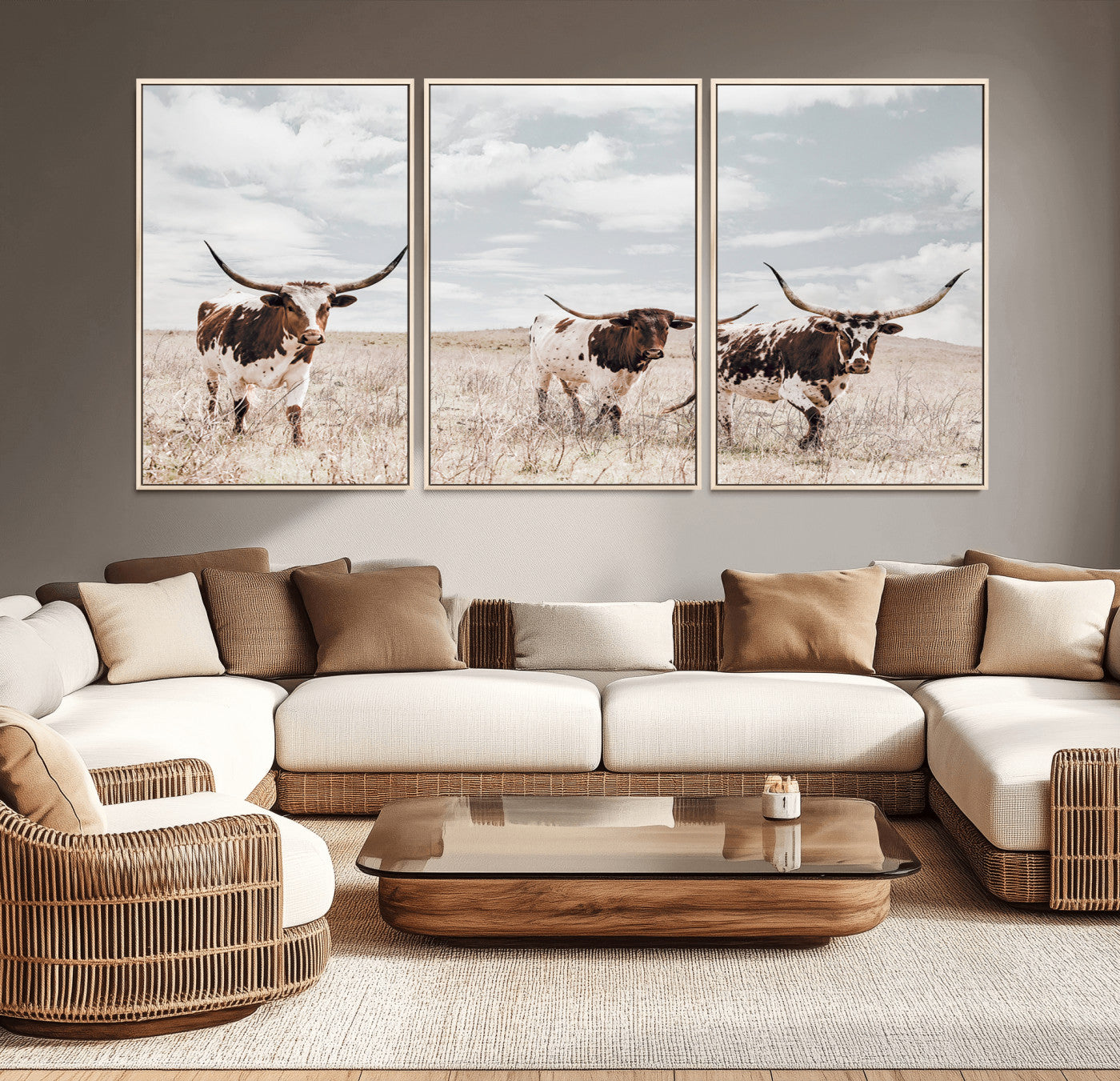 65621083-MGV-CV-36X24-Texas Longhorn Wall Art – Rustic Western Cattle Canvas Print, Southwestern Ranch Photography Decor for Living Room, Office,