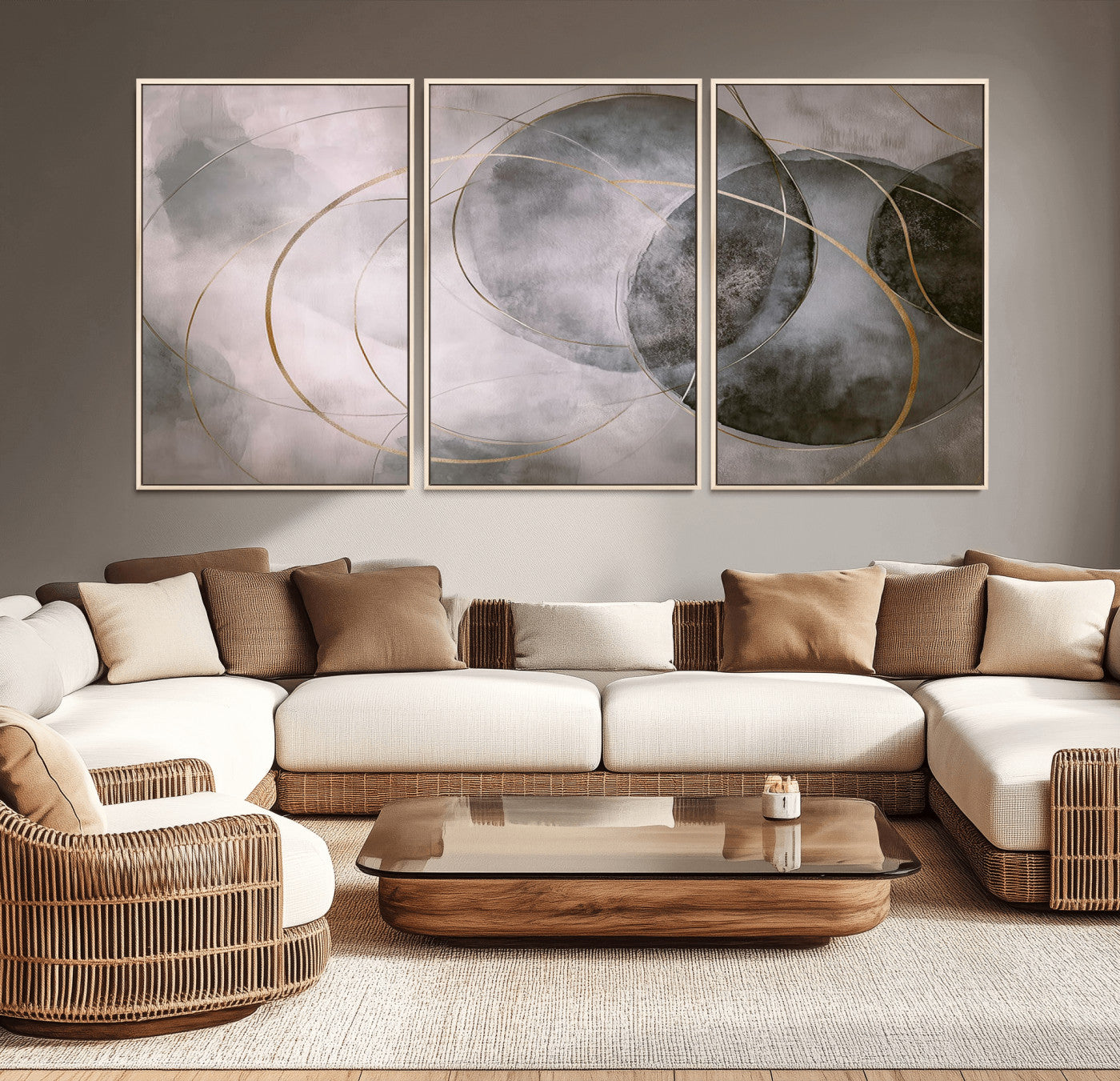 20066876-MGV-CV-36X24-Neutral Abstract Circle Wall Art – Modern Gray Beige Gold Canvas Print, Minimalist Geometric Painting for Bedroom, Living Room,